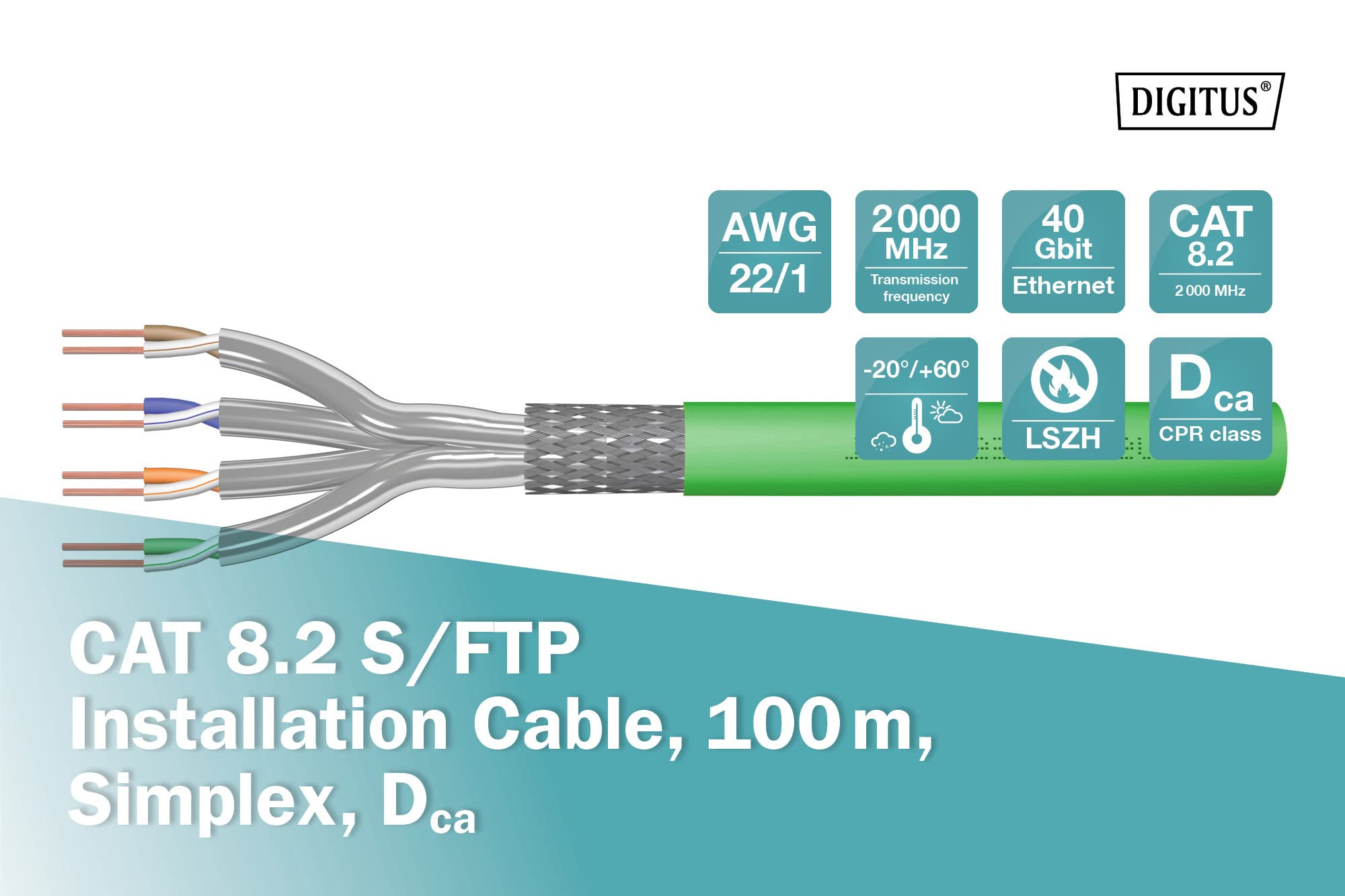 DIGITUS Kabel sieciowy Cat 8.2 100 m – S-FTP (PiMF) Simplex – BauPVO Dca - LSZH (bezhalogenowy) – 2000 MHz, miedź AWG 22/1 – Kompatybilny z PoE++ – Kabel LAN, kabel Ethernet – Zielony