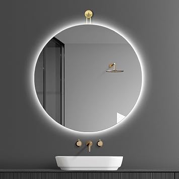 Round Hanging Mirror,LED Bathroom Mirror for Vanity,Wall Mounted Lighted Mirror, Frameless Make-up Mirror with Lights Dimmable,Memory Function Color Gold, Size 50CM