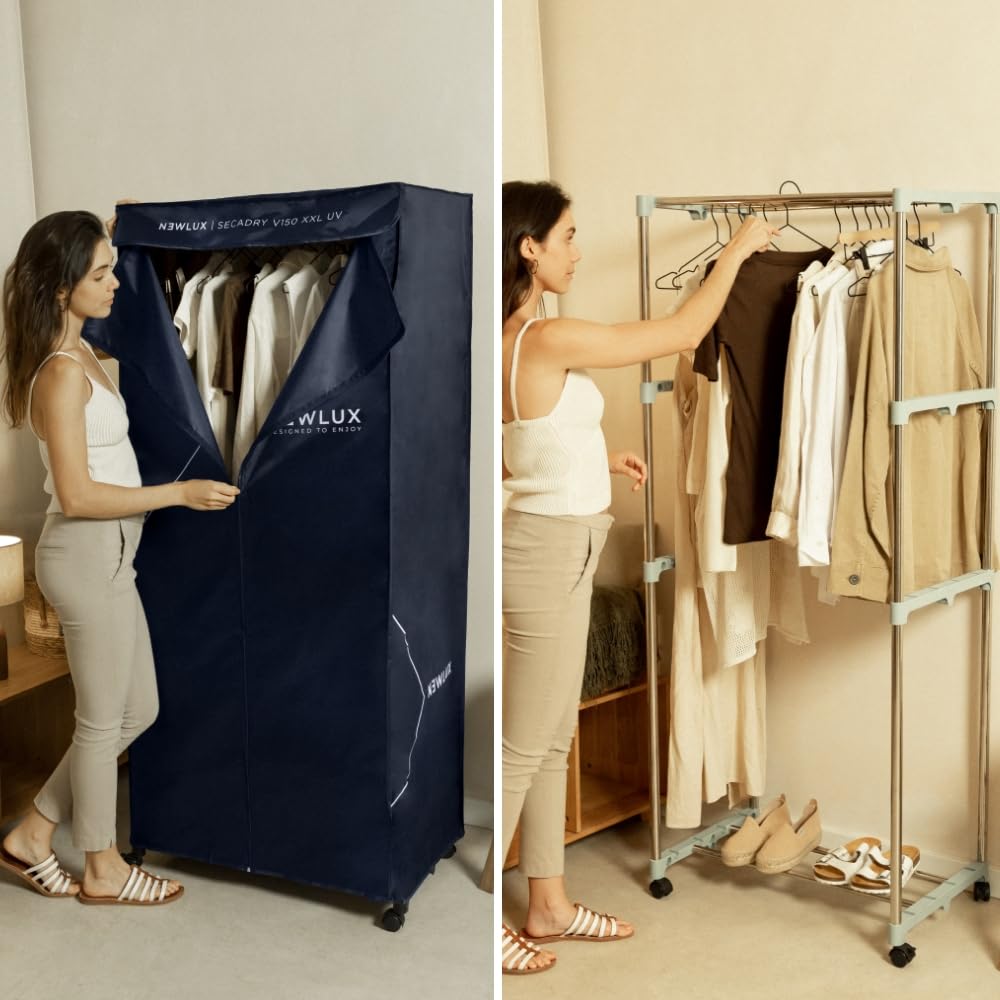 Newlux - Tragbare Elektrische Wäschetrockner Secadry (1200W) mit UV-Licht zur Desinfektion. Kapazität 15Kg, Temp. 180min, 4 Stufen. Belüftungstrockner ideal als Schranktrockner, Blau