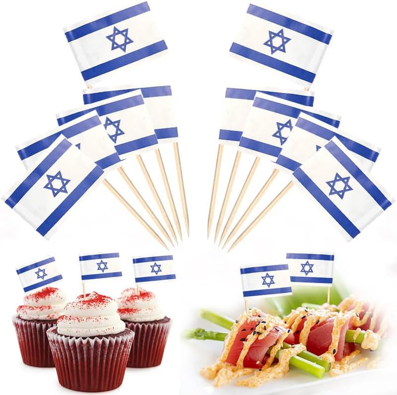 Miniatura 1 de Paquete de 100 banderas israelíes con palillos de dientes israelíes, palillos de cóctel, mini palitos para cupcakes, banderas de bandera de Israel,