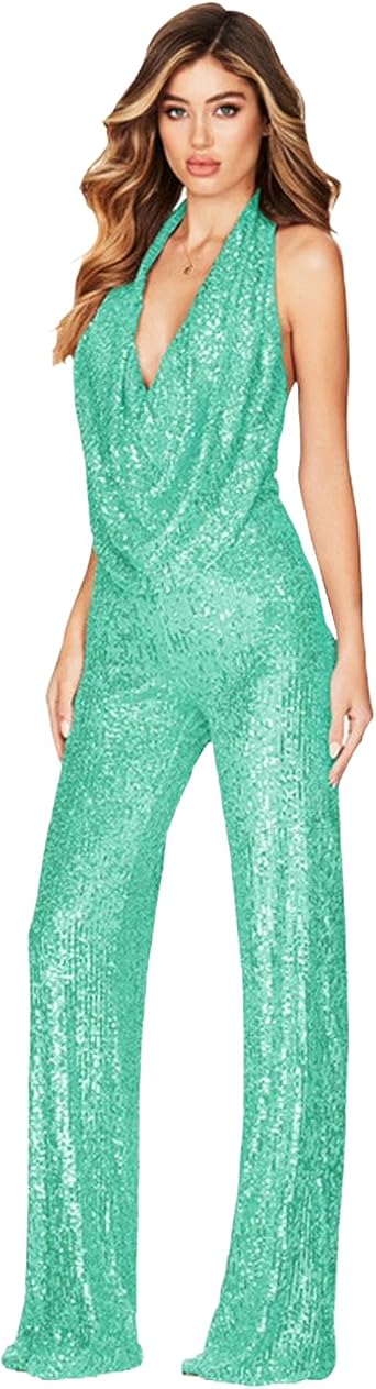 Sparkly Sequin Jumpsuit Halter Cowl Neck Backless Sequin Overalls Pants