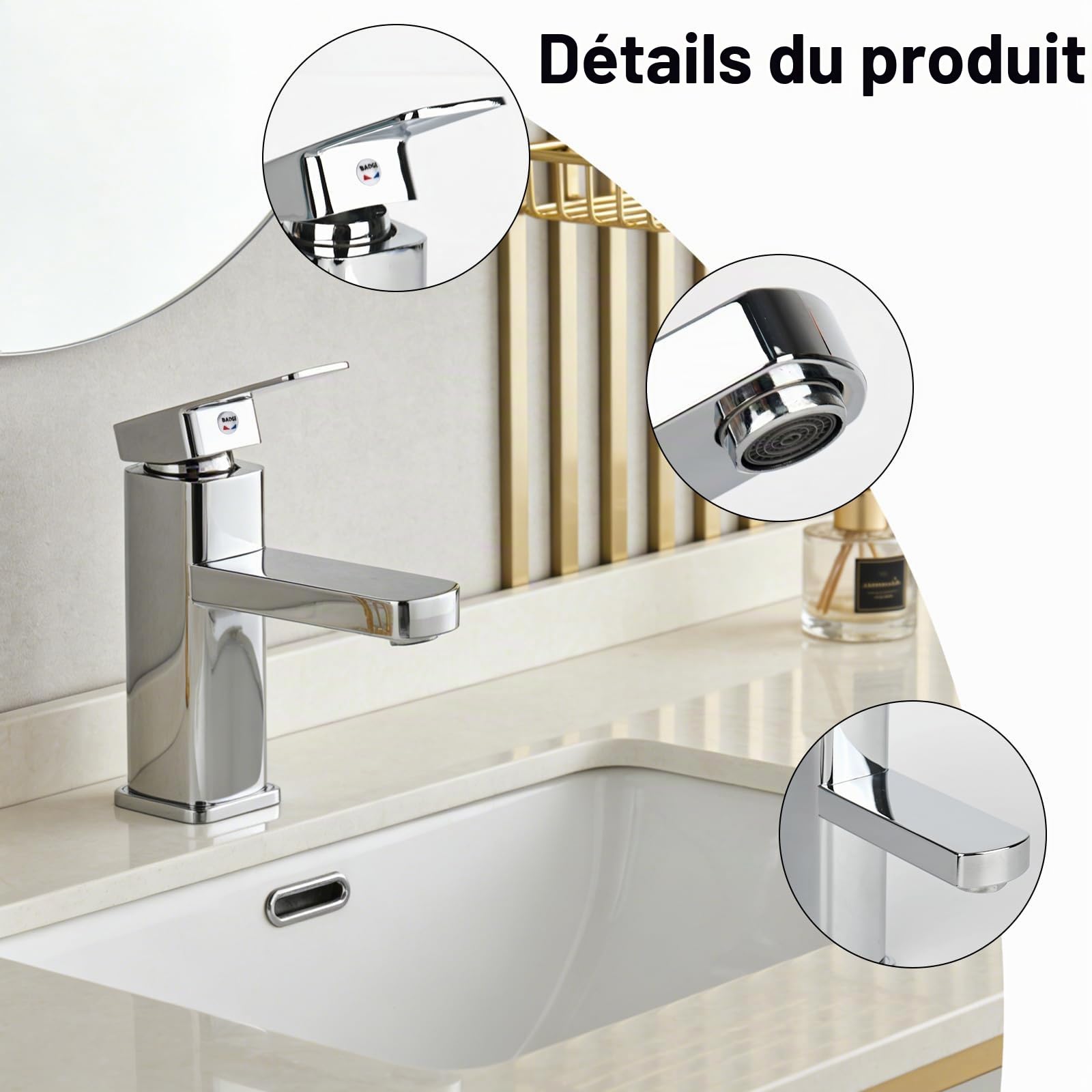 Robinet de Salle de Bain - Mitigeur de Lavabo Argent - Mitigeur Eau Chaude et Froide - Mitigeur Monocommande Mat Argent - Mitigeur de Salle de Bain pour Évier en Acier Inoxydable et Laiton