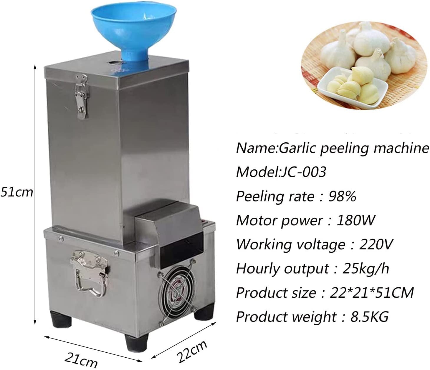 Machine à éplucher l'ail électrique 180W grattoir à ail avec trémie 25 kg/h éplucheur d'ail Automatique en Acier Inoxydable séparateur d'ail
