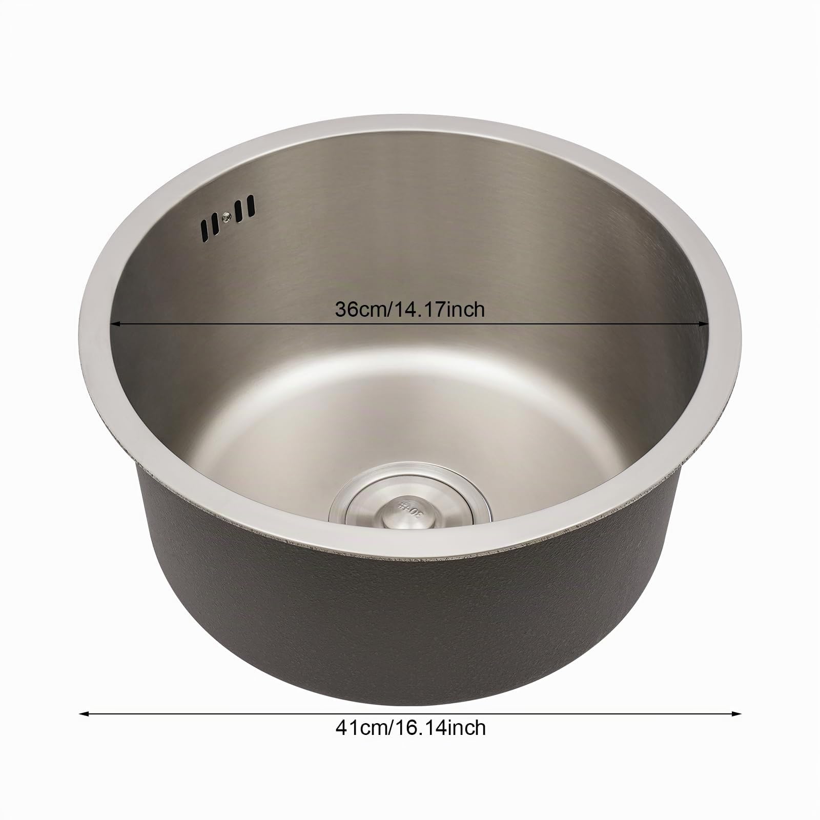 Lavello rotondo in acciaio inox, diametro 41 cm, in acciaio inox, con filtro e fognatura