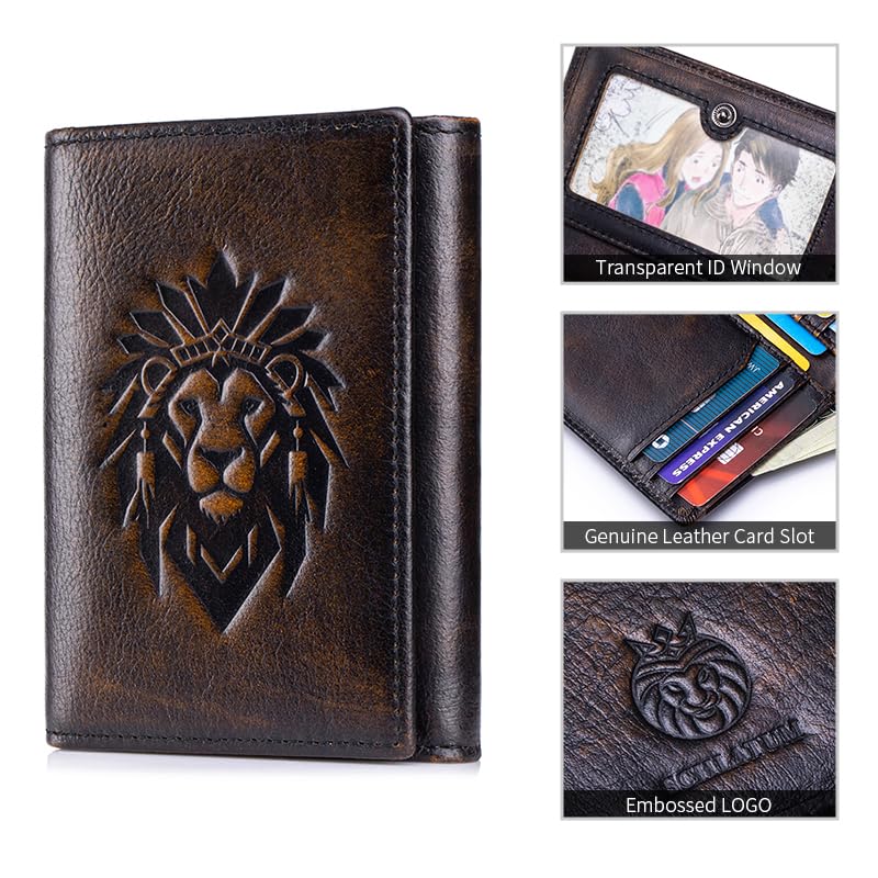 Image of Trifold Wallets for Men RFID Blocking Full Grain Leather Short Mens Wallet with Snap Closure, 8 Card Slots, Clear ID Window, Vintage
