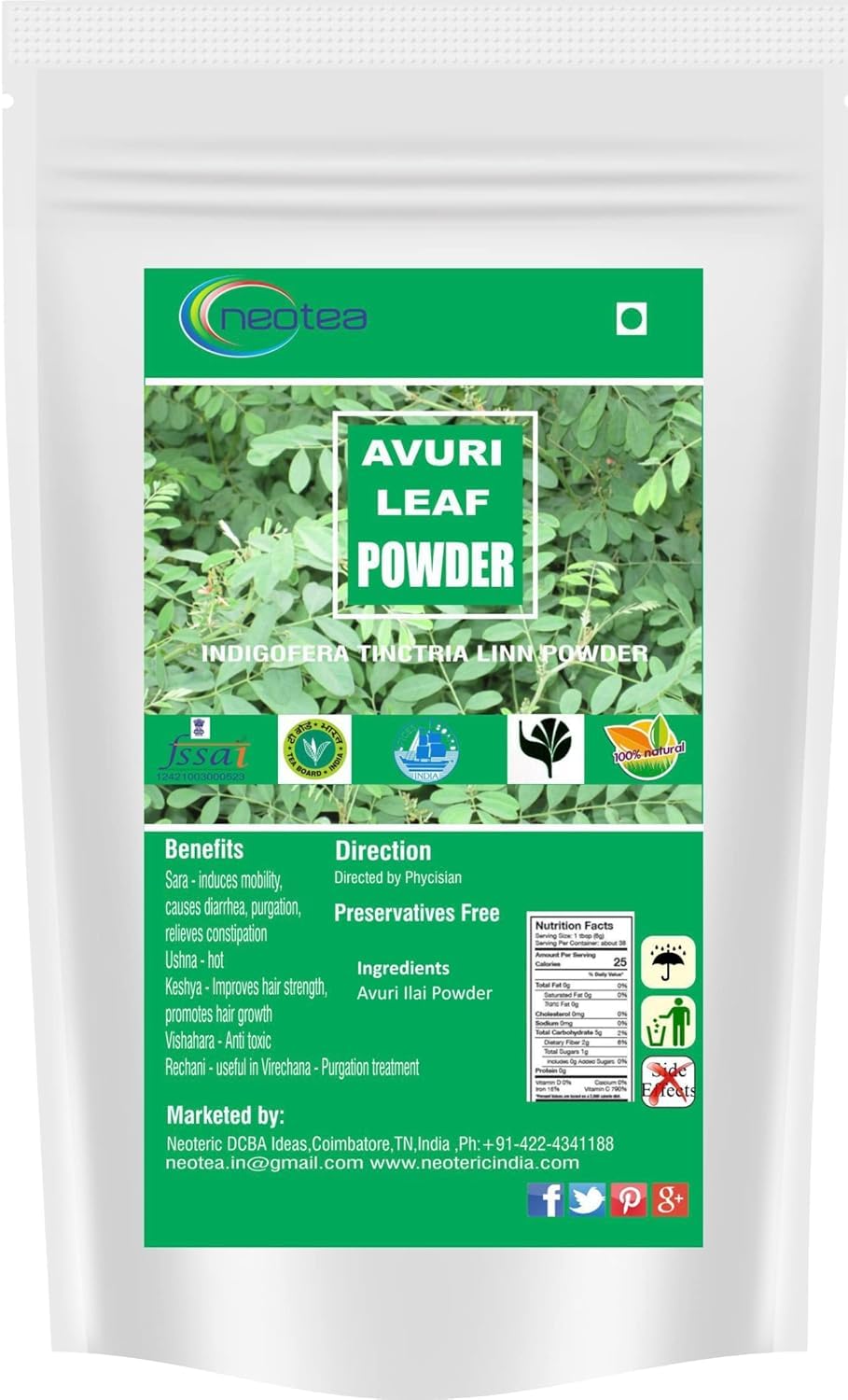 Neotea Organic Indigo Powder | 100% Natural Hair Color | Chemical-Free Alternative to Synthetic Dyes | Pure Indigofera Tinctoria | Herbal Hair Dye | No Additives (Green, 500 GM(17.63 OZ))