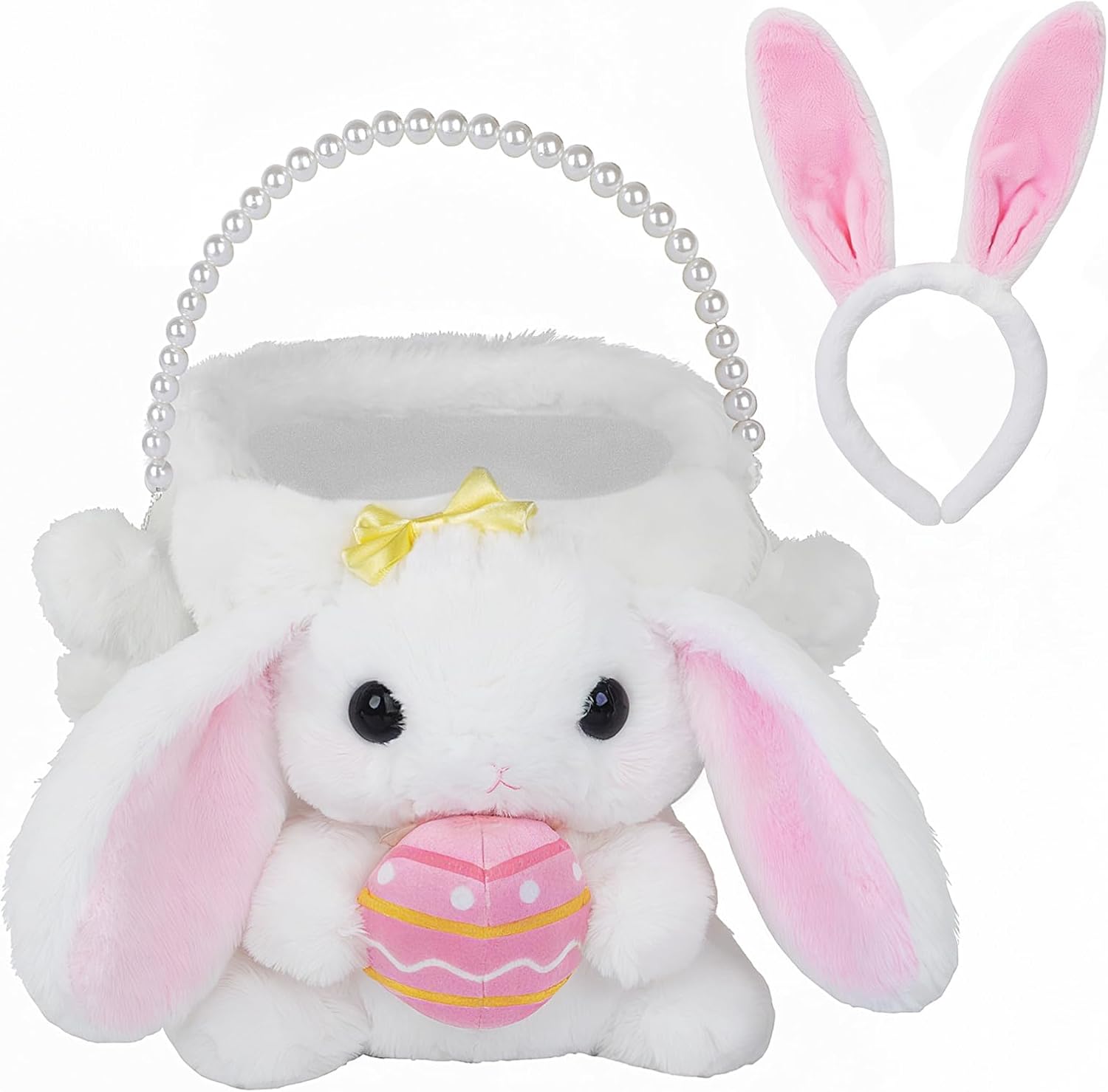 digi Easter Basket Stuffers for Toddler, Plush White Bunny Easter Basket with Easter Bunny Headband,Easter Basket Plush Playset for Party Favors, Easter Decorations,Easter Gifts for Baby Kids