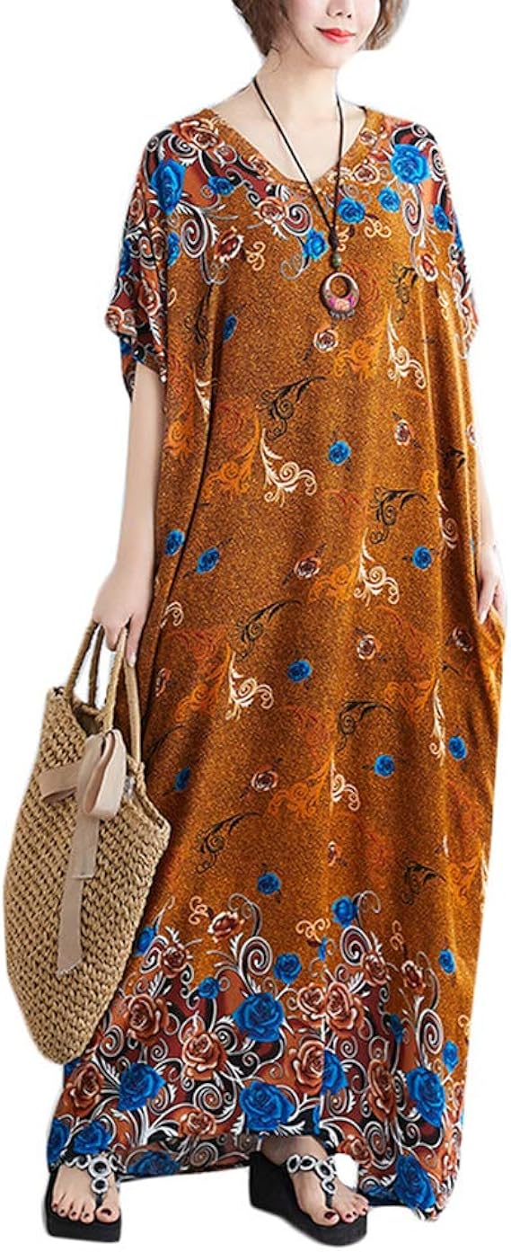 Amazon Co Jp Zhongjue ジュージェン マキシワンピース レディース ゆったり リゾート ワンピース 夏 半袖 ロング ワンピース 民族風 オシャレ Freesizeイエロー 服 ファッション小物