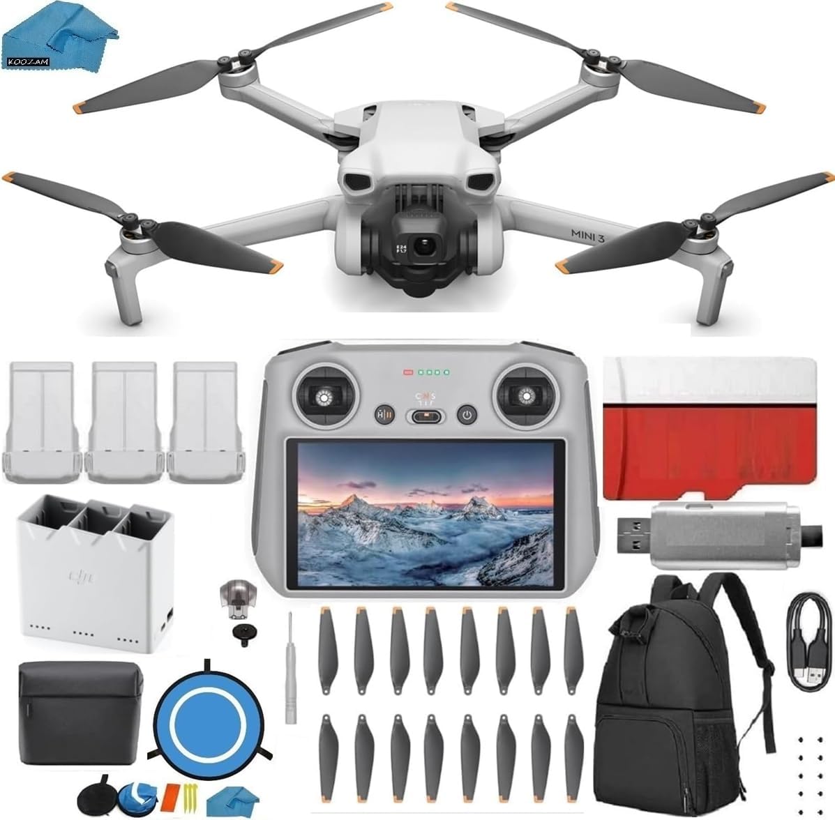 DJI Mini 3 Drone (DJI RC) – & Fly More Kit Lightweight and Foldable 34-min Flight Time Camera Drone Bundle with Built in Monitor, with 128 GB SD, 3.0 USB Card Reader, Landing Pad, Backpack and More