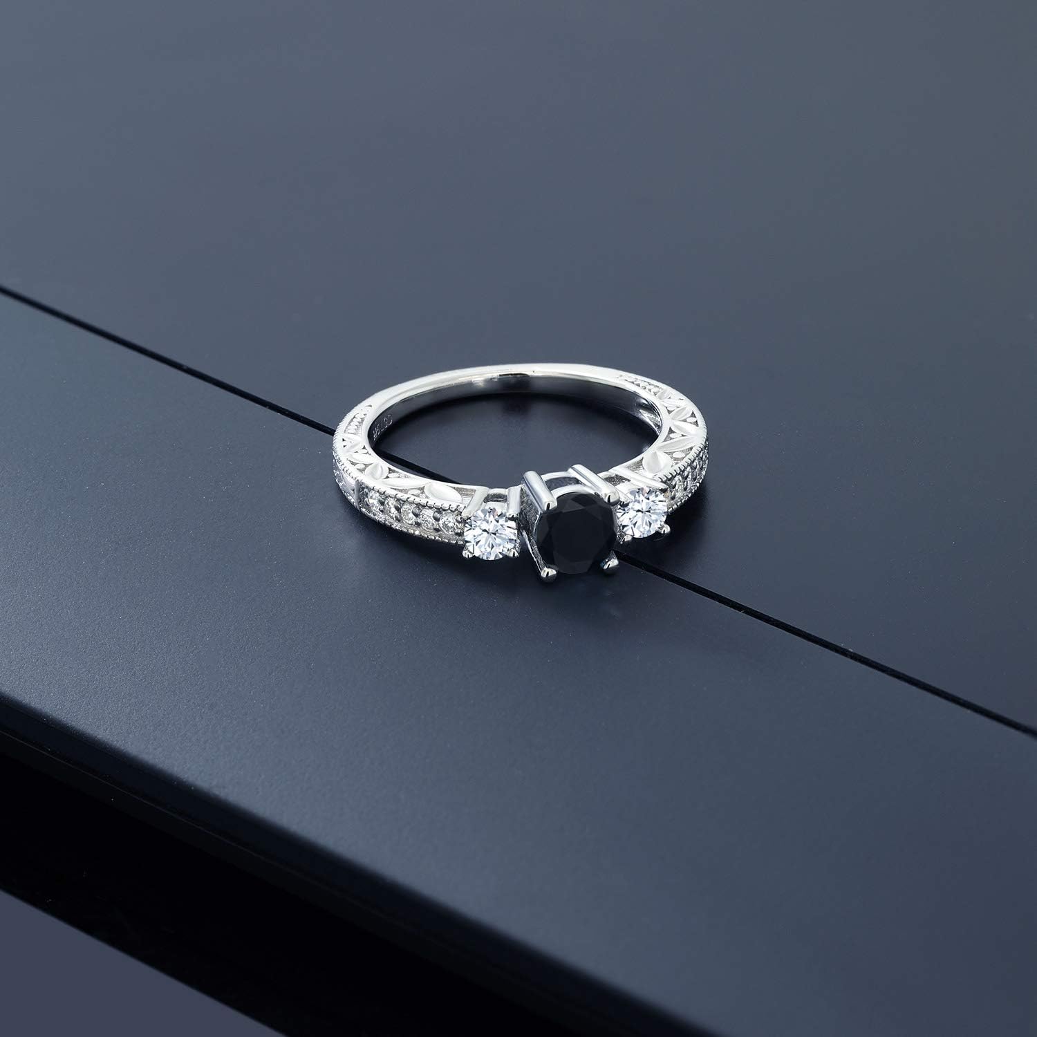 Gem Stone King 925 Sterling Silver Black Onyx and White Created Sapphire 3-Stone Ring For Women | 0.87 Cttw | Gemstone Birthstone | Wedding Engagement Anniversary Promise Ring For Women