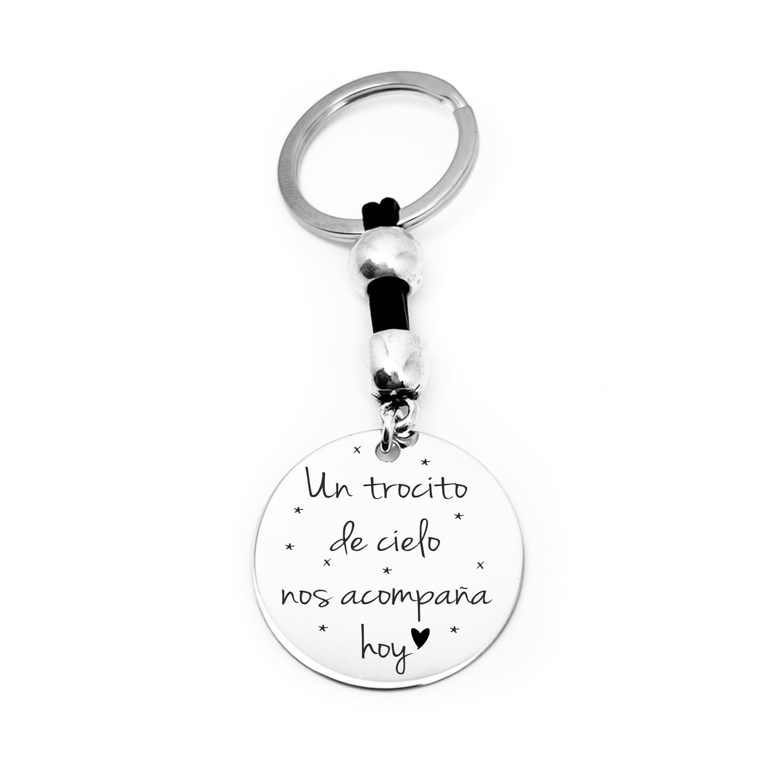 Llavero Personalizado “Un Trocito de Cielo Nos Acompaña Hoy” – Plata 925/Zamak Baño de Plata y Cuero – Medida Chapa 30mm – Regalo Emotivo, Recuerdo Especial. Modelo Un Trocito de Cielo 30mm