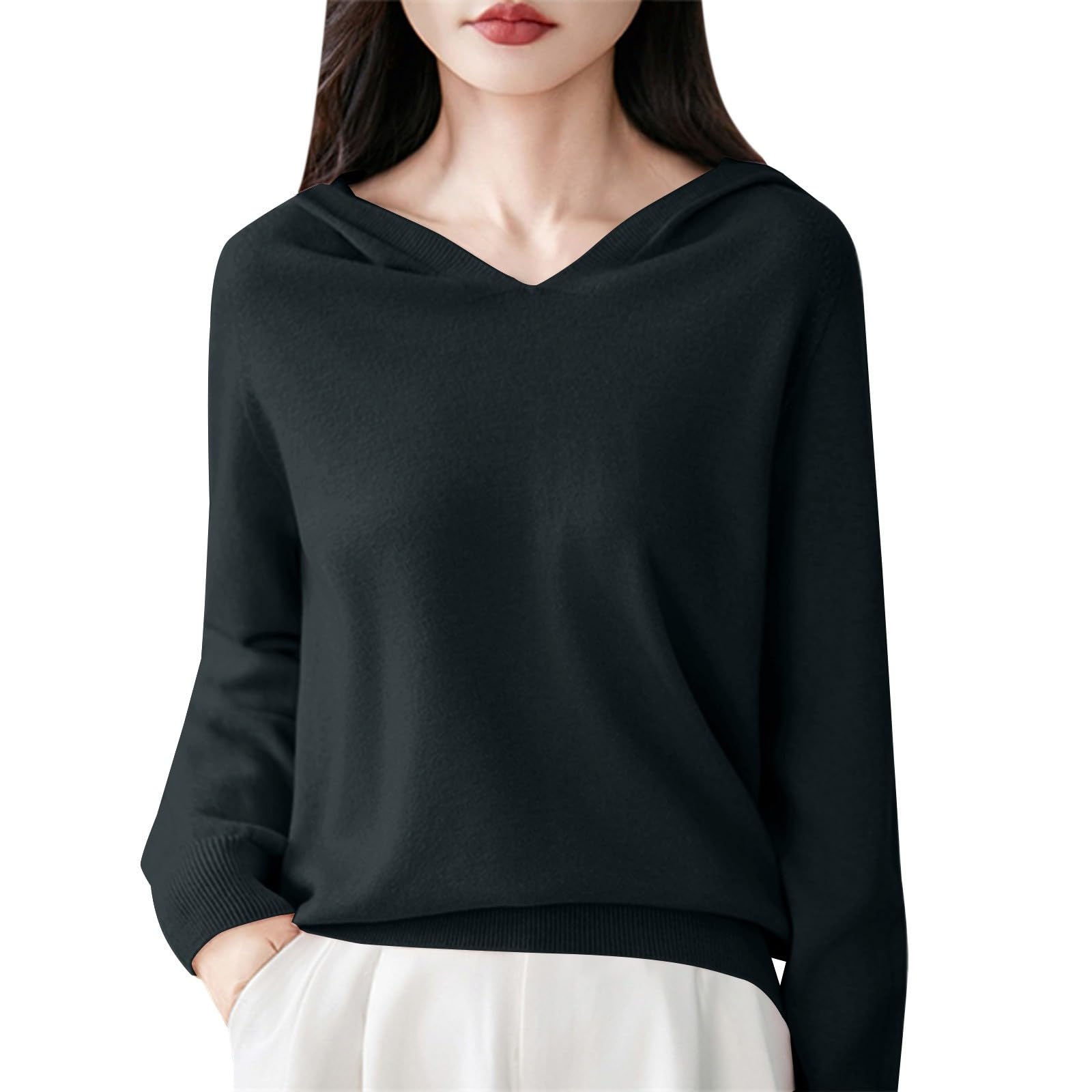Cashmere Sweaters for Women 2025 V-Neck Hoodie Sweatshirt Quiet Luxury Lightweight Warm Knitted Pullover Fall Winter