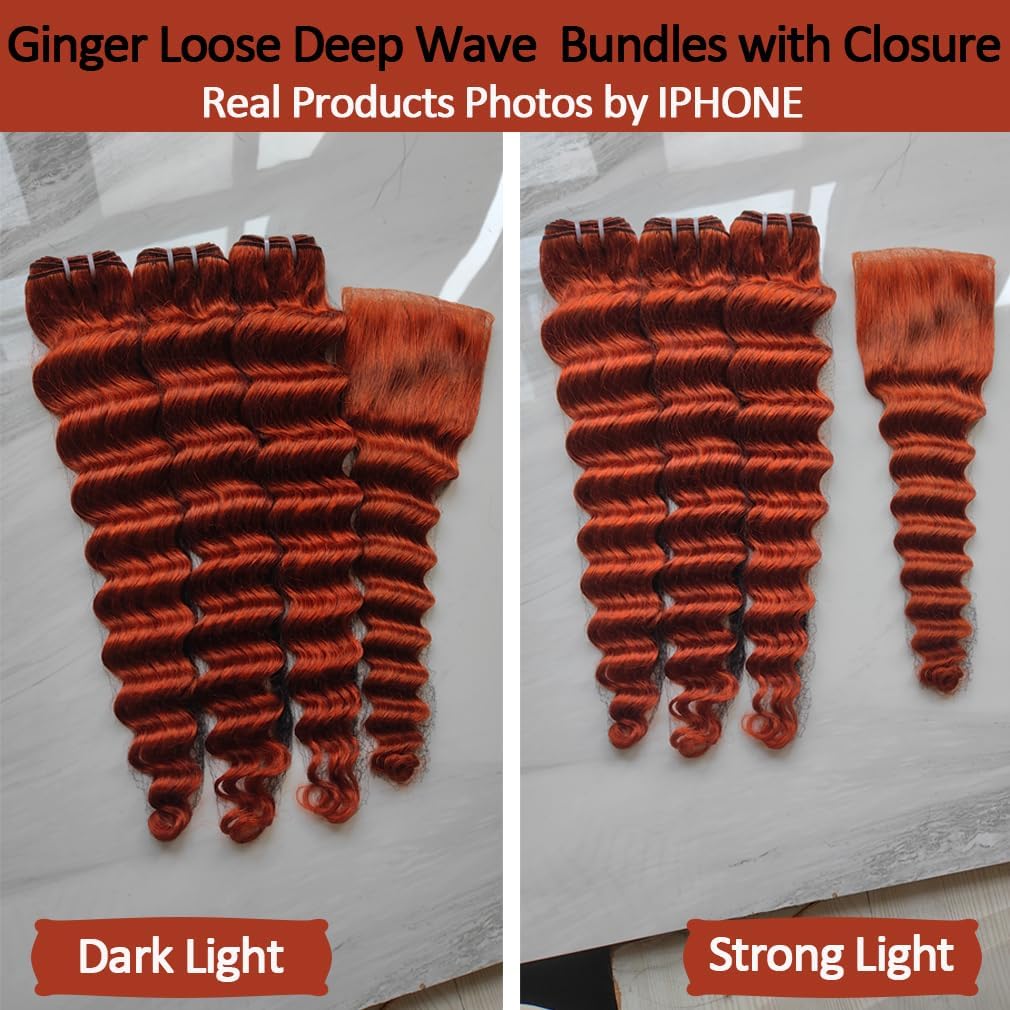 Loose Deep Wave Bundle Human Hair 14 Inch 350 Ginger Orange Color 10A Brazilian Human Hair Bundle Quick Weave Hair Extensions for Women