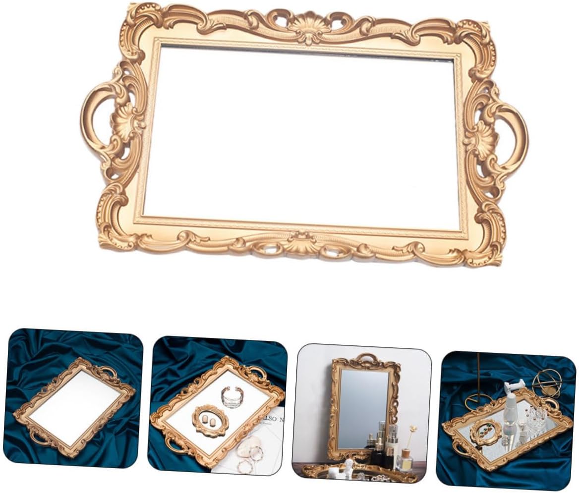 Vintage European Style Mirror Tray for Cosmetics Storage, Golden Rectangular Decorative Organizer Plate, Perfume Display Photo Prop for Home Décor and Vanity