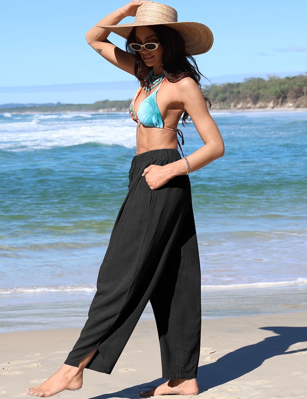 TARSE Women's Linen Harem Pants Casual Loose Fit Wide Leg Cropped Lightweight Drawstring Elastic Waist Pants with Pockets - Image 3