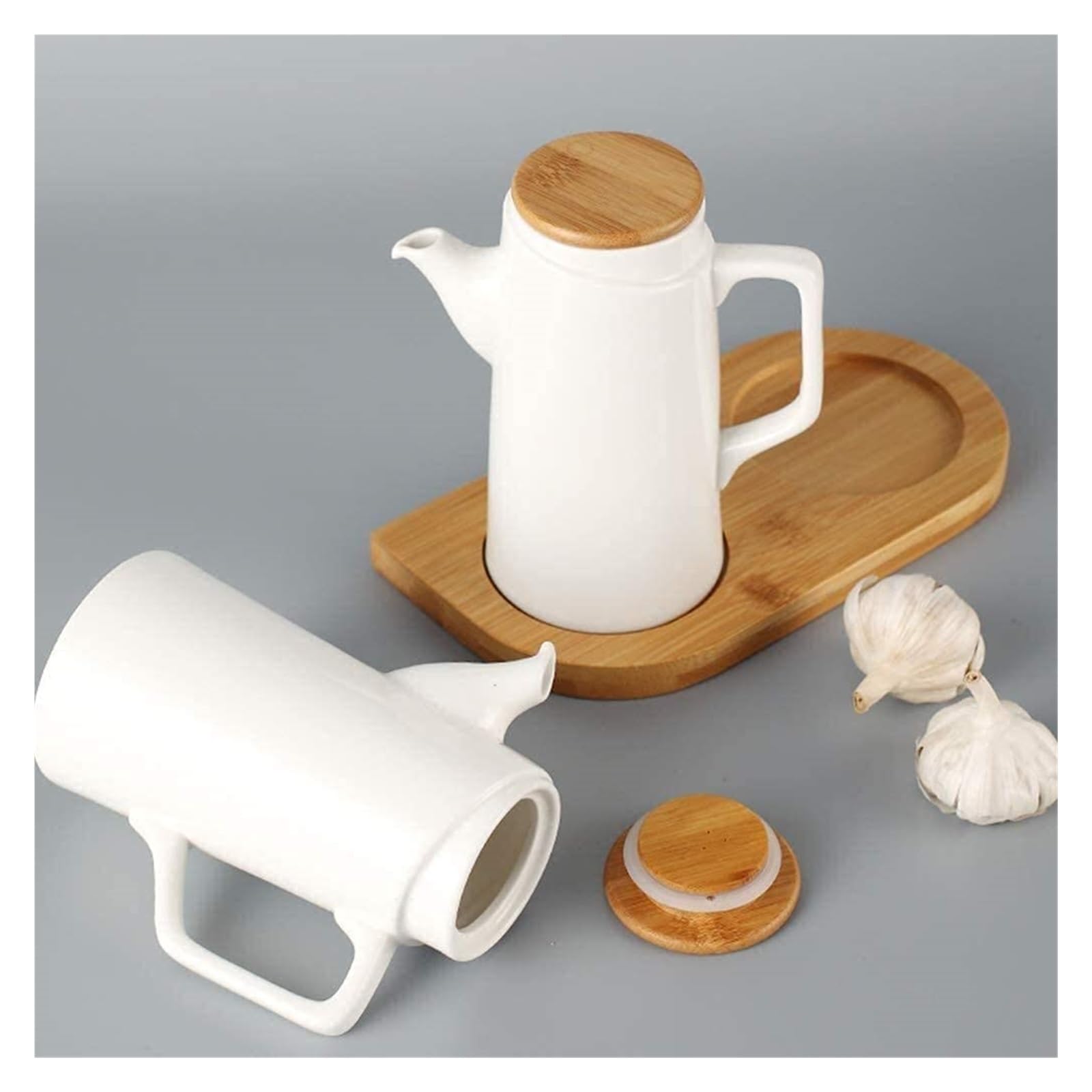 Set Olio e aceto Dispenser for Olio e aceto, Bottiglia di aceto da 500 ml Olio in Ceramica Salsa di soia Bottiglia Pentola da Cucina Bottiglie con Coperchio in Legno a Prova di Polvere Oliera