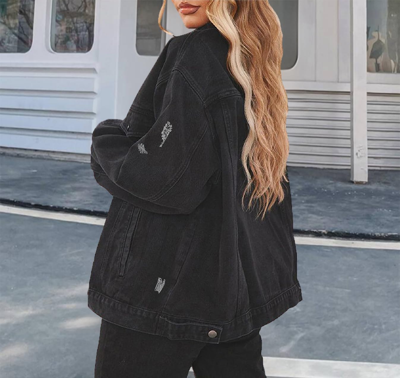 DvaeMalligo Women's Oversized Denim Jacket Casual Long Sleeve Button Down Distressed Trucker Jean Jackets with Pockets - Image 4