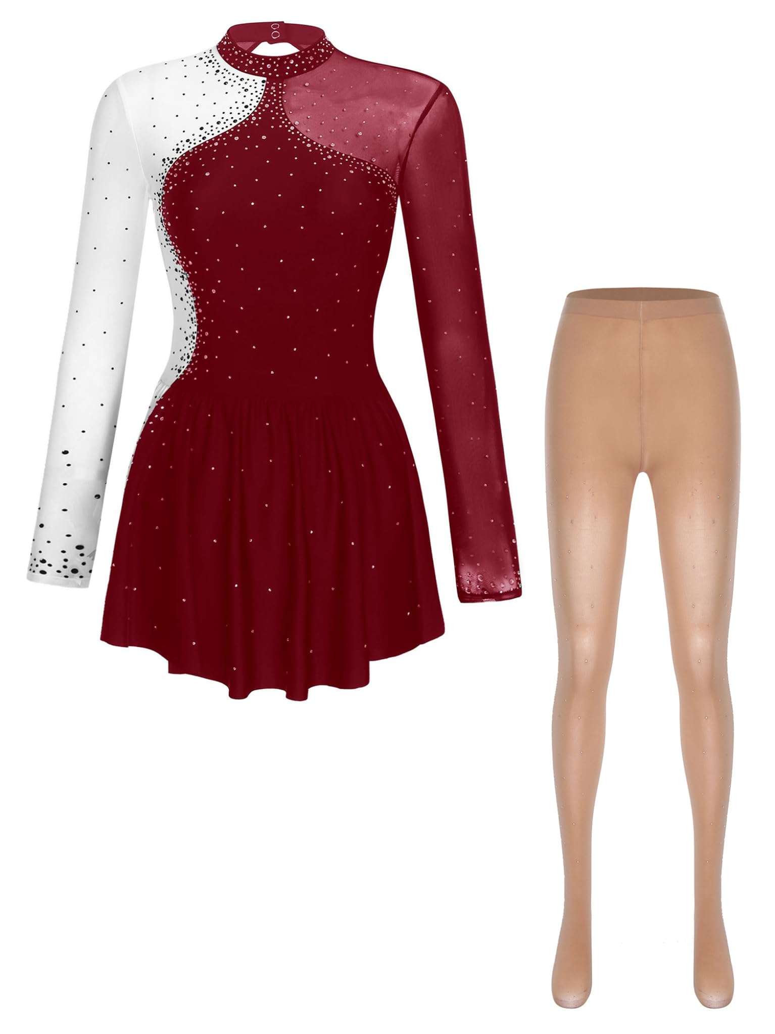 TTAO Vestido de patinaje artístico para mujer, con diamantes de imitación, manga larga, malla, patchwork, maillot con patinaje artístico, medias de patinaje sobre hielo, ropa de competición