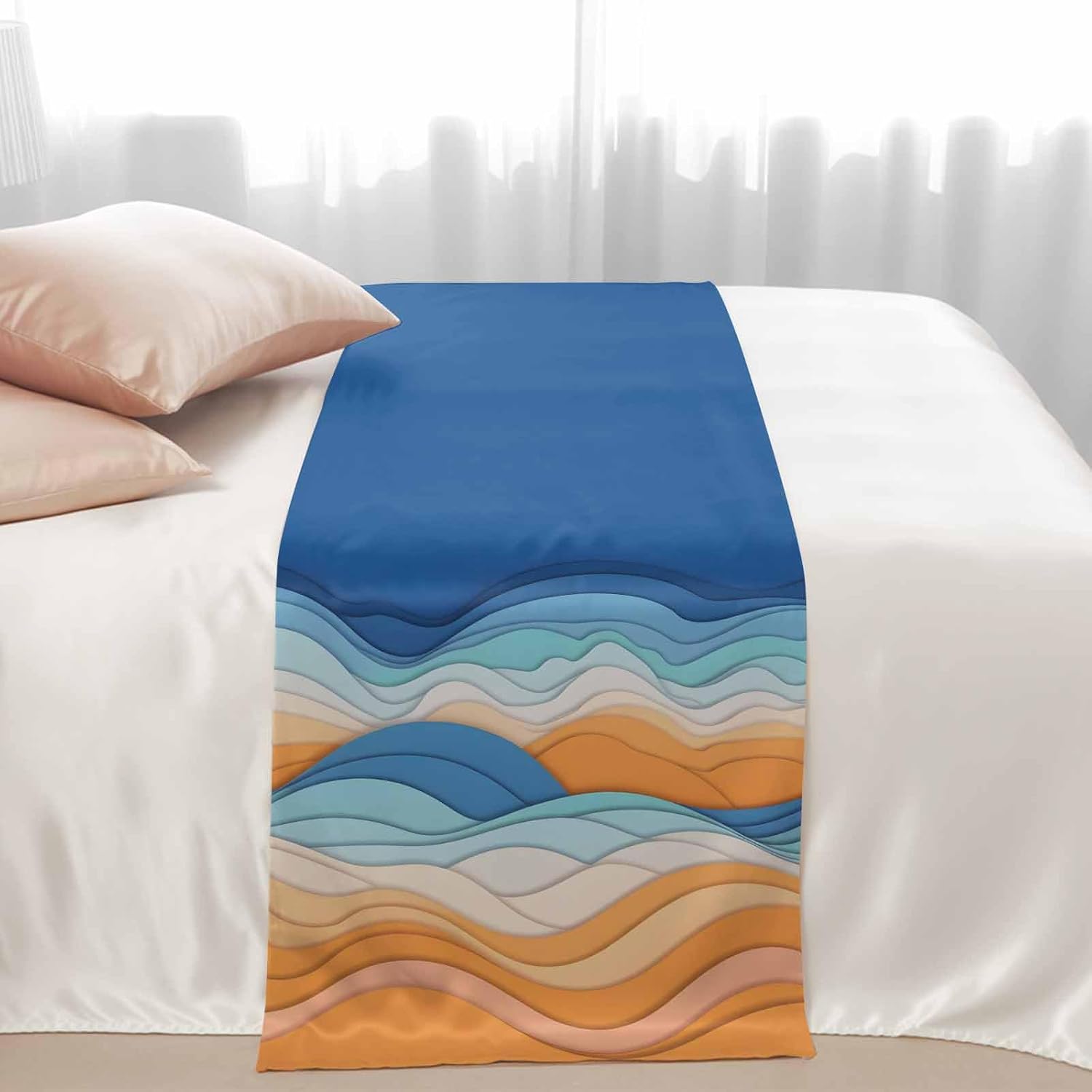 Orange Blue Ocean Waves Bed Runners for King Size Beds, Decorative Bed Throws for Foot of Beds, Luxury Bedding Protector Slipcover Summer Beach Coastal Abstract Bedrunners & Scarves, 102"x20"