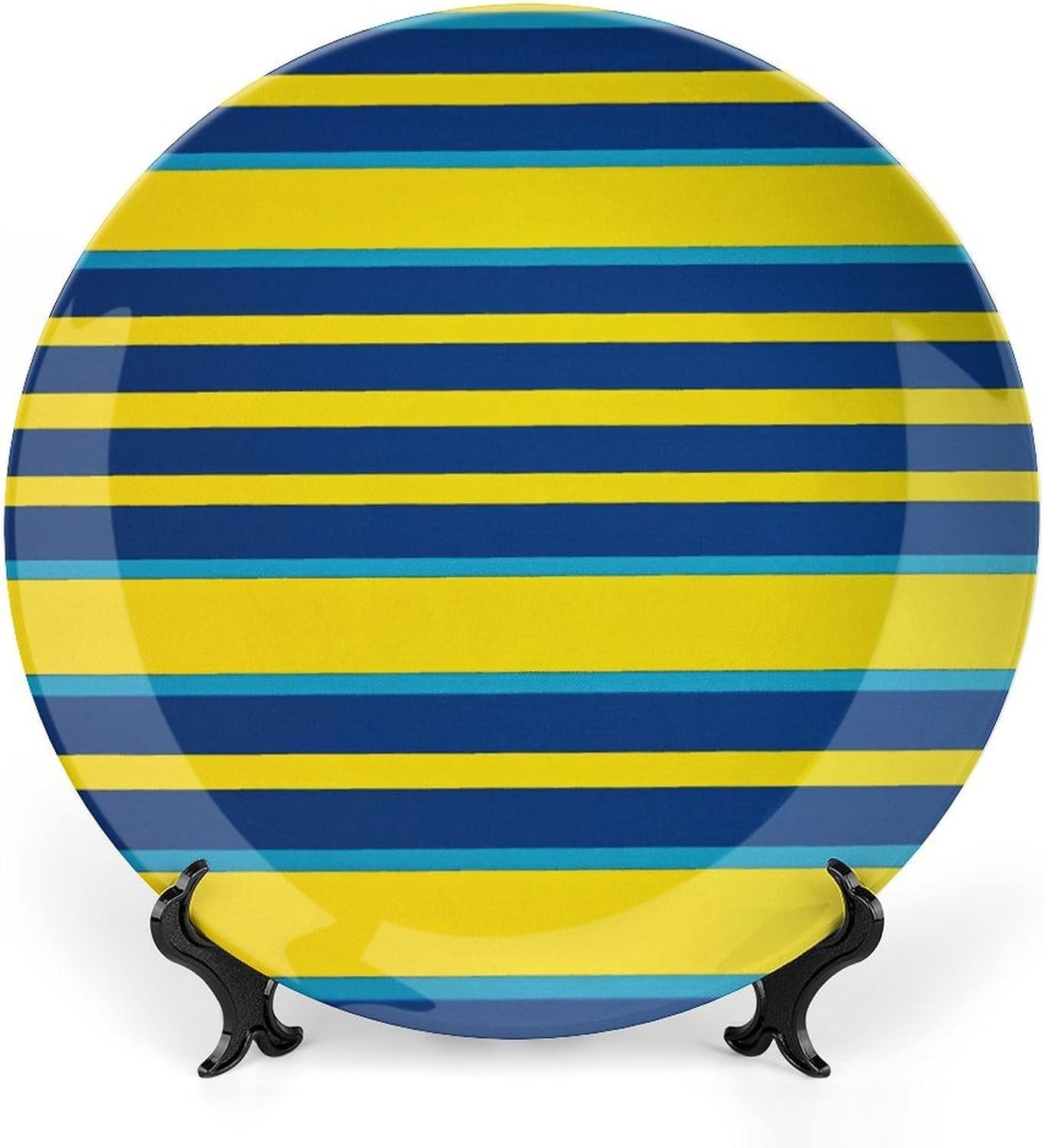 Yellow And Blue Stripes Bone China Decorative Plate with Display Stand, Ceramic Ornaments Plate for Wall Hanging, Personalized Porcelain Plates for Office, Living Room 8inch