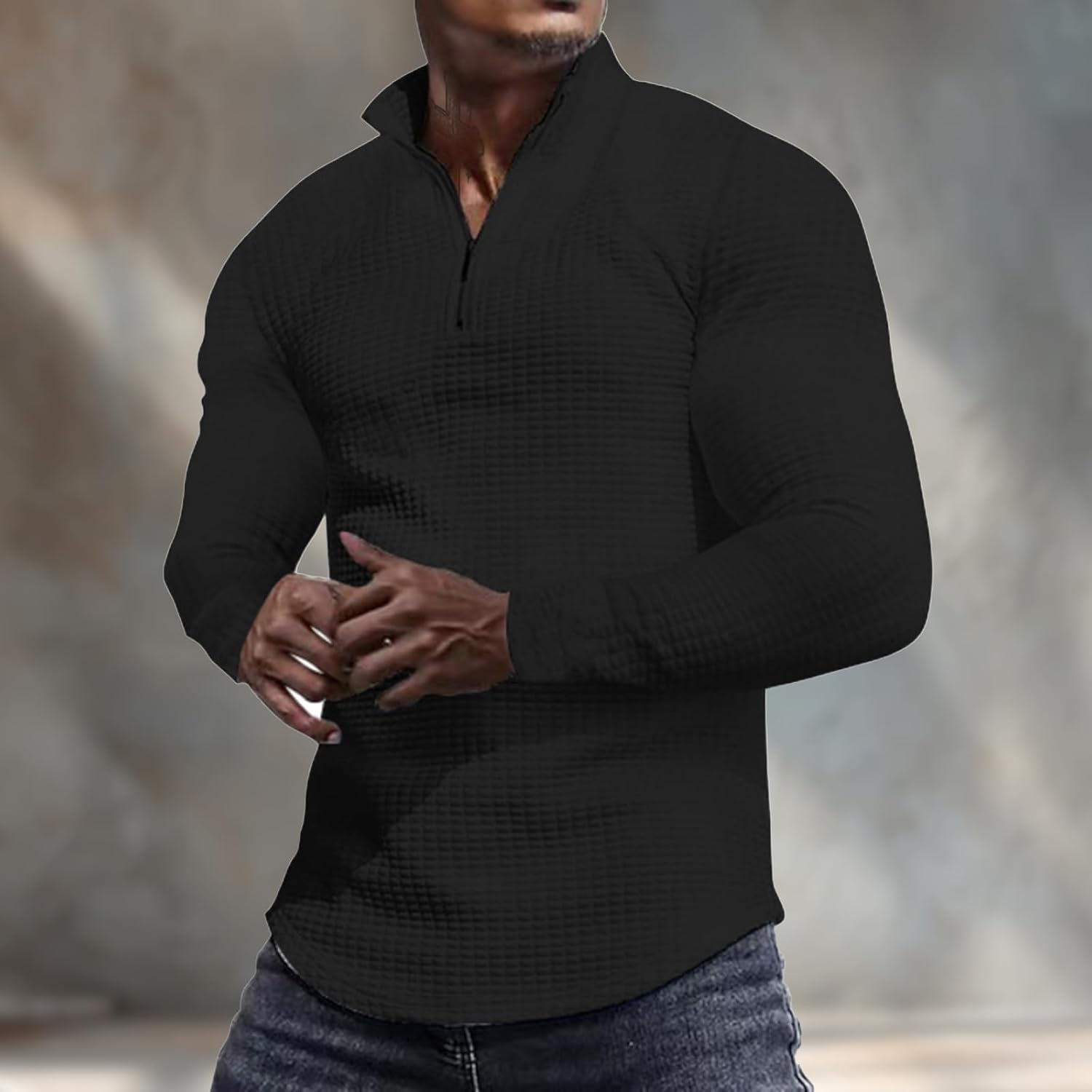 Waffle Knit Half Zip Mens Slim Fit Long Sleeve Pullover Hoodies Fall Warm Comfy Casual Sweatshirt Trend - Image 2