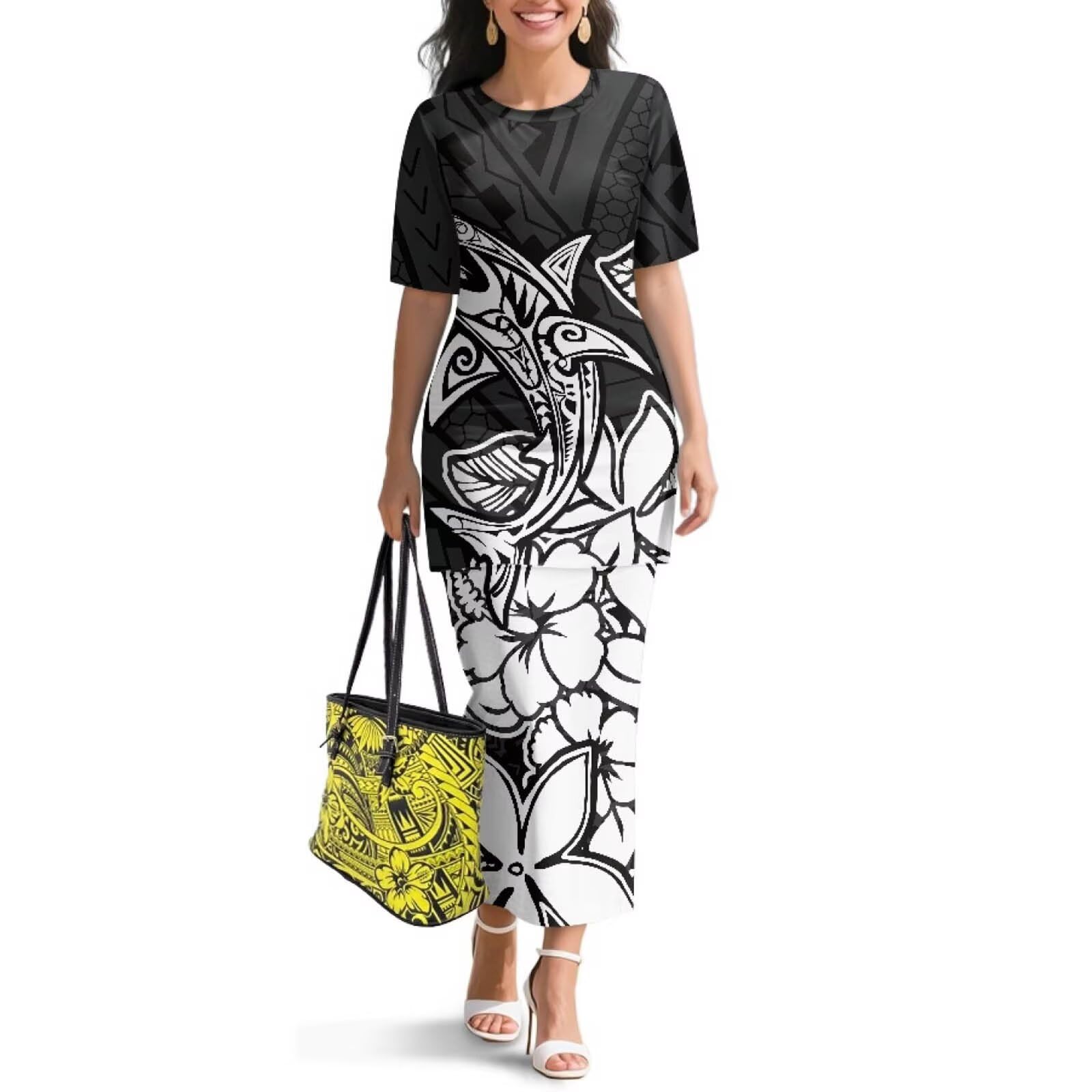 Polynesian Dress for Women Short Sleeve High Waist Maxi Skirt