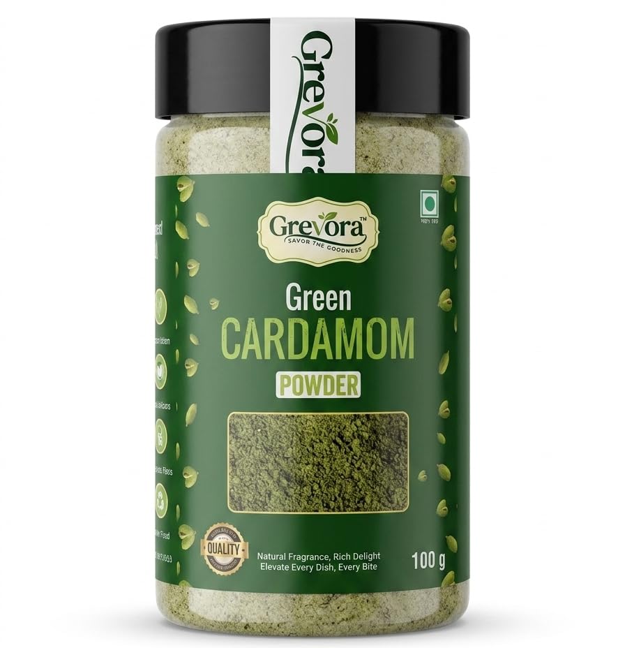 Image of Grevora Idukki Kerala Green Cardamom Powder (Elaichi Powder) 100g | No Added Preservatives | Rich Aroma for Tea, Sweets, Desserts & Baking