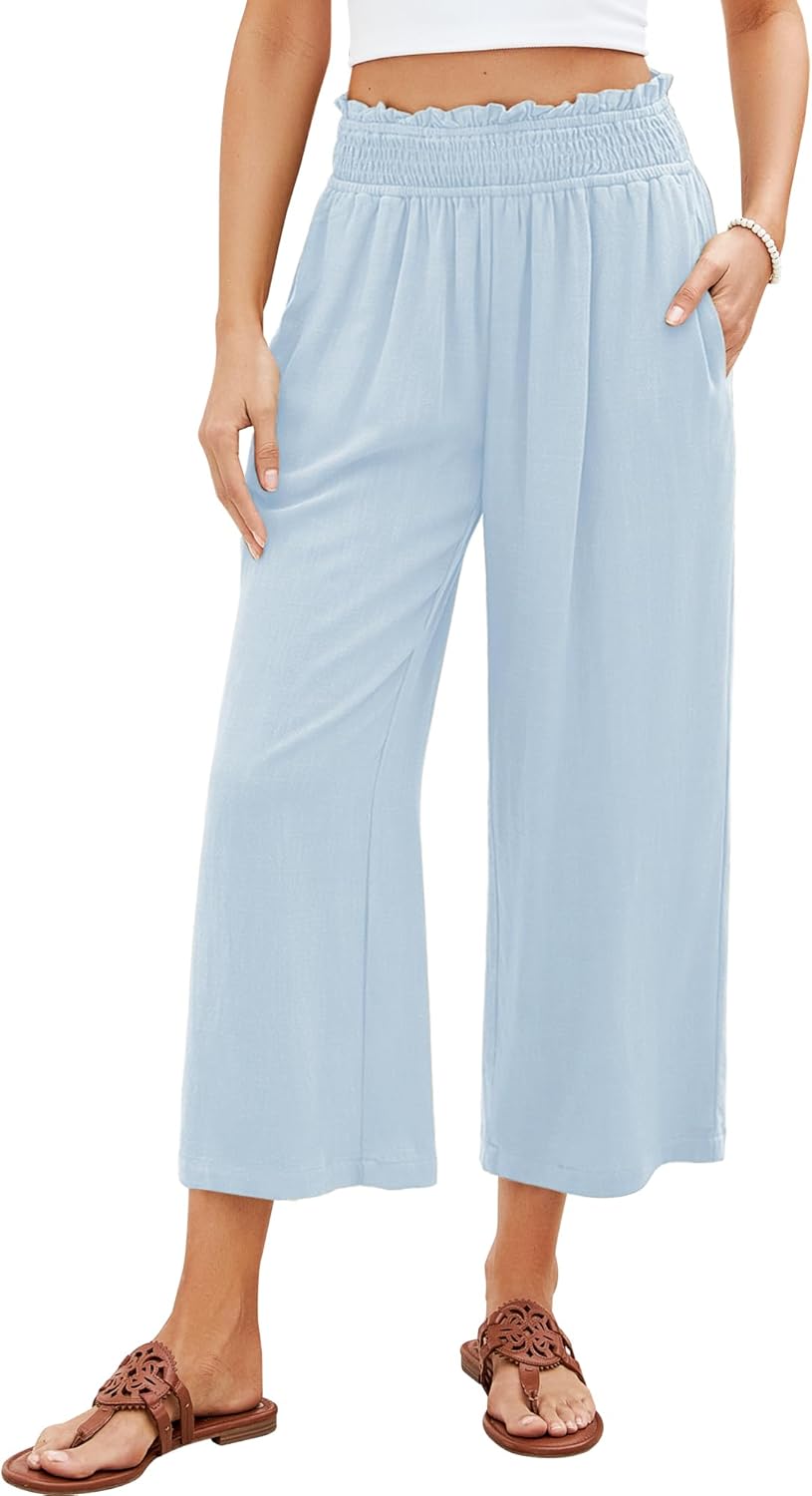 GRAPENT Capri Pants for Women High Waisted Wide Leg Linen Palazzo Trousers Pull On Elastic Smock Waist Loose Flowy Pants