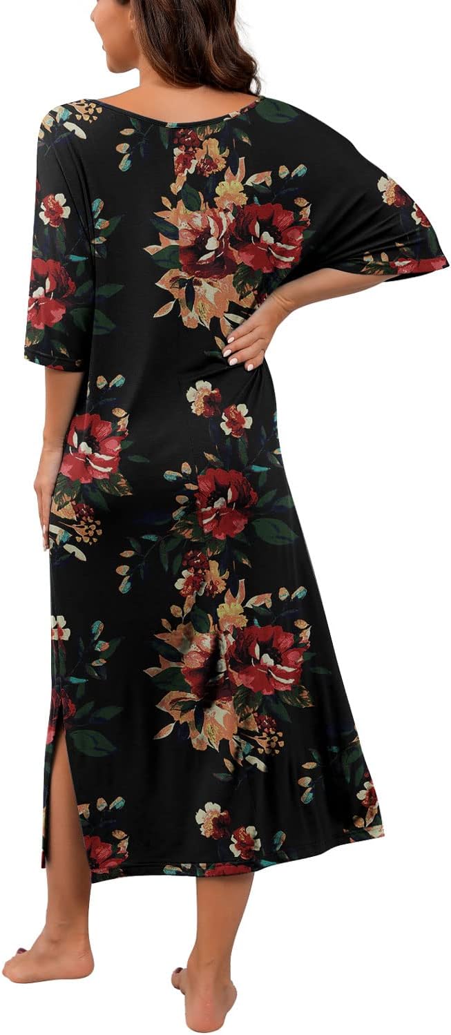PrinStory Womens Long Nightgown Round Neck Nightshirts Short Sleeve Loose Loungewear Casual Sleep Dress With Pockets - Image 6