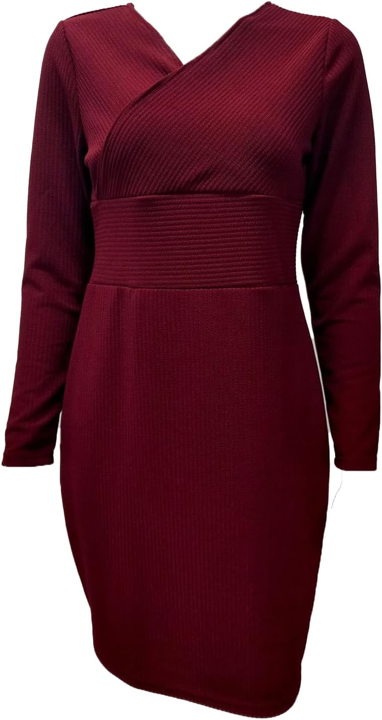 Women's Elegant Deep V Neck Dress Long Sleeve Ribbed Short Skater Dress Wrap Midi Knit Bodycon Sweater Mini Dresses