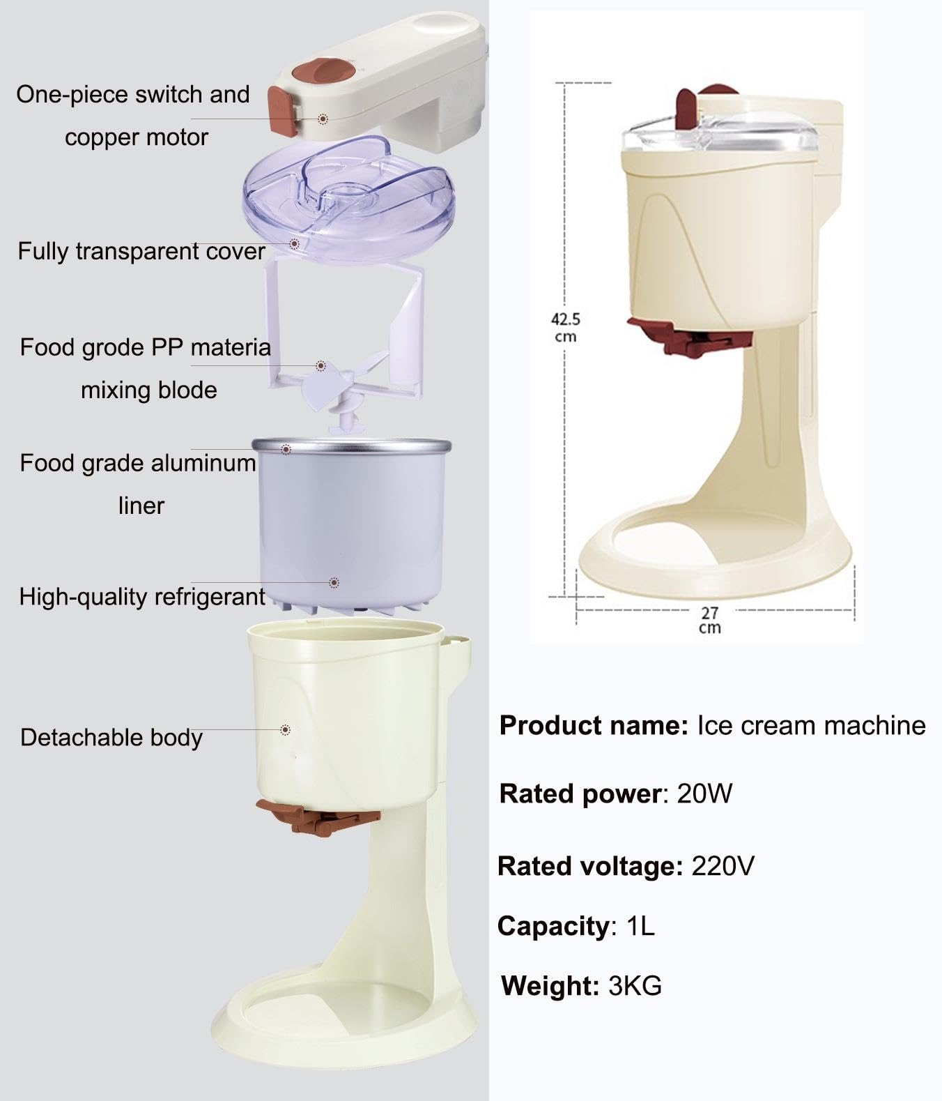 Mini Máquina Para Hacer Helados, Máquina Eléctrica Casera Para Hacer Helado Suave, Gelato Y Sundaes De Frutas Caseros, Fácil De Limpiar Y Usar, 1L, Mezcla Rápida En 15 Minutos