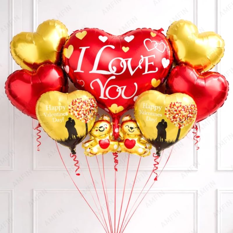 Image of AMFIN (Pack of 7) Happy Valentine's Day Foil Balloon Bouquet I Love you Teddy Heart Romantic Decoration Item - Red Gold