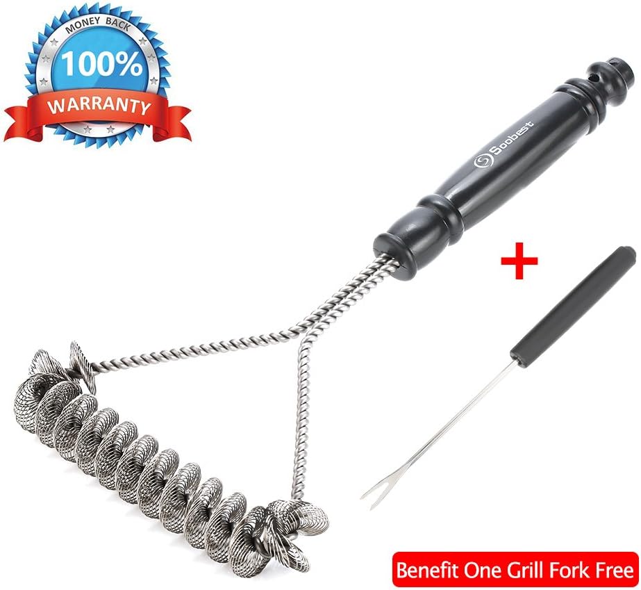 Soobest 12 Inches Barbecue Grill Brushes with Cleaning Fork, 100% Rust Stainless Steel Bristle Free Barbecue Cleaner, Safe For Porcelain, Ceramic, Steel, Iron.