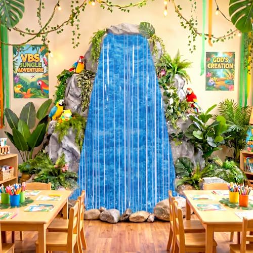 Image of Tiamon 2 Pack Rainforest Party Decorations 3.3 x 6.6 Ft Foil Fringe Waterfall Landscaping Backdrop Rainforest Falls Tinsel Streamers Vacation Bible School Photo Props for 2026 VBS Party Supplies