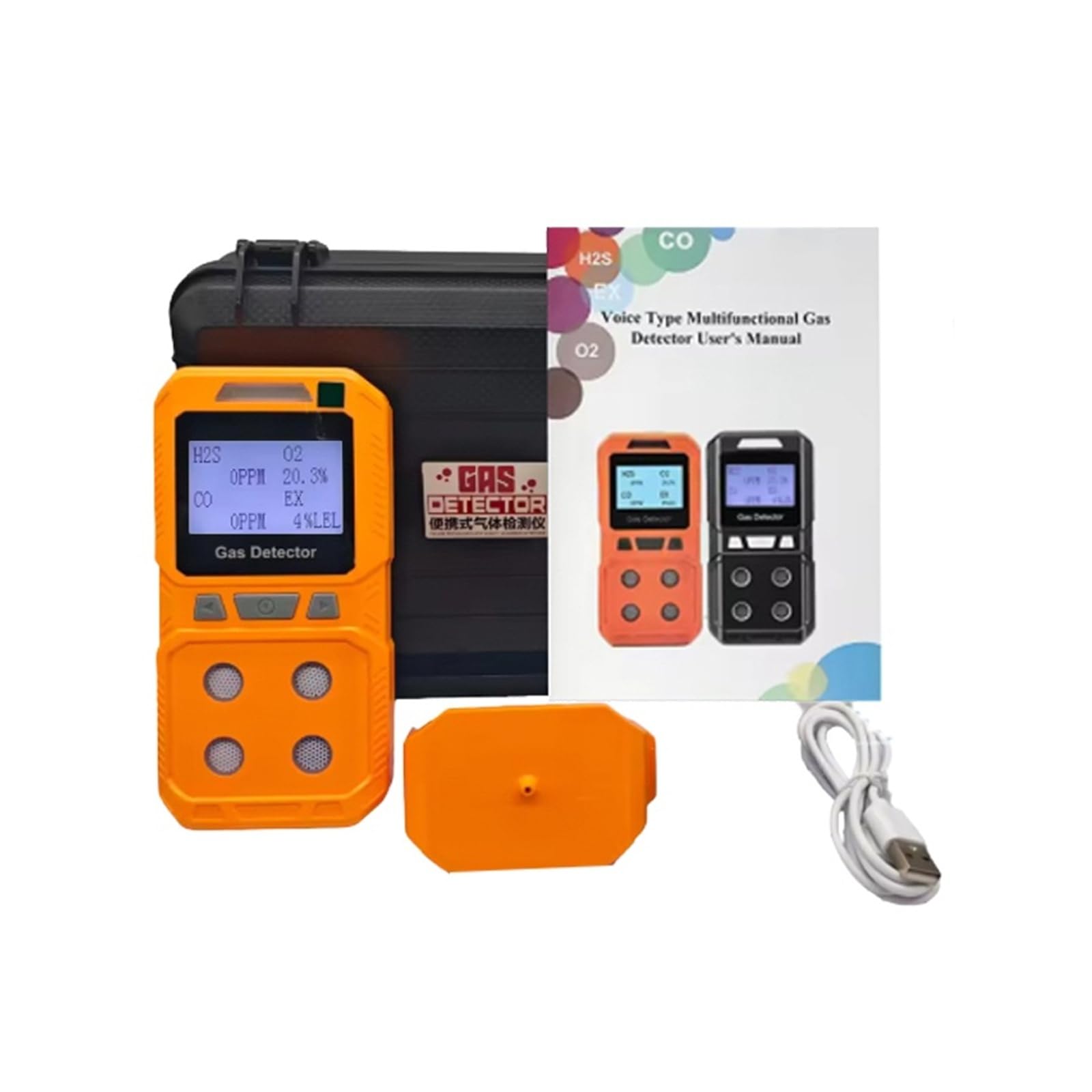 Analizador de Detector de Gas portátil 4 en 1 Monitor de monóxido de Carbono, oxígeno, sulfuro de hidrógeno y Gas Combustible Fechas en Tiempo Real(Orange)