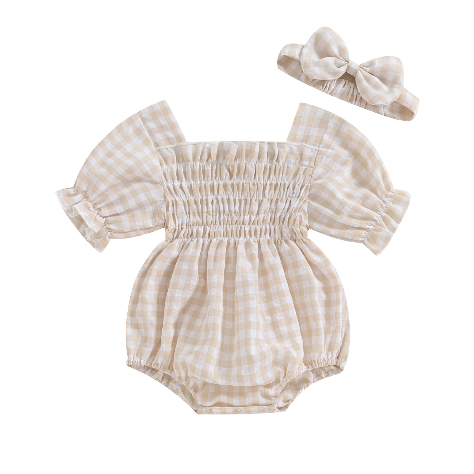 ZAXARRA Infant Baby Girl Plaid Romper Baby Pleated Romper Ruffle Festival Bodysuit Spring Summer Clothes with Headband (Khaki, 0-3 Months)