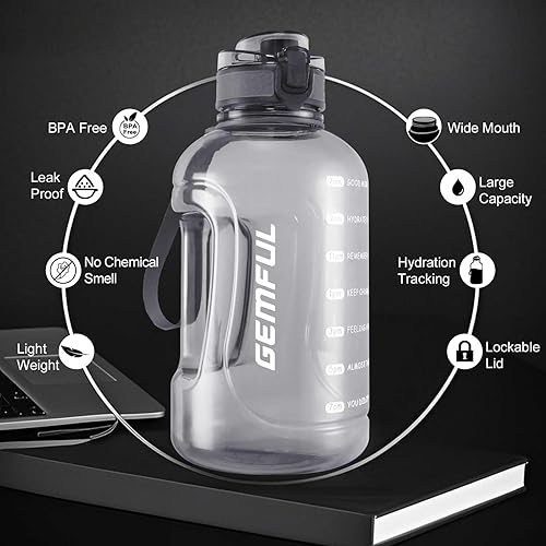Miniatura 4 de GEMFUL Botella de agua de 2 litros con marcador de tiempo y asa, jarra motivacional grande de 64 onzas para entrenamientos de gimnasio, sin pajilla,