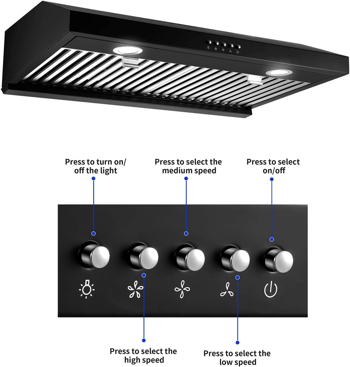 SNDOAS Under Cabinet Range Hood 30 inch,Heavy Duty Stainless Steel Kitchen Hood Stove Vent,Vent Hoods 30 inches w/Push Button Control,600 CFM,Dual Motors,Baffle Filters,LED Lights,Matte Black