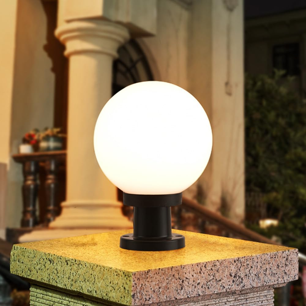 Mengjay Outdoor IP44 Waterproof Garden Post Light Modern Industrial Column Lamp Spherical Globe Ball Pillar Lantern Patio Landscape Lighting E27 External Fence Deck Lamp (20cm)