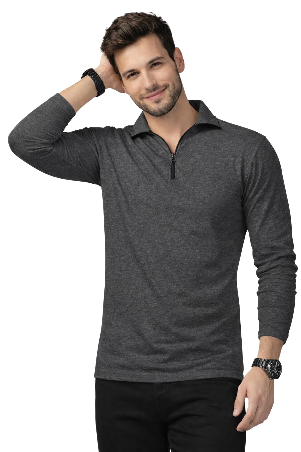 blisstone Men's Regular Fit Casual Full Sleeve Polo Neck with Zip Neck Detailing T-Shirt-picture-22