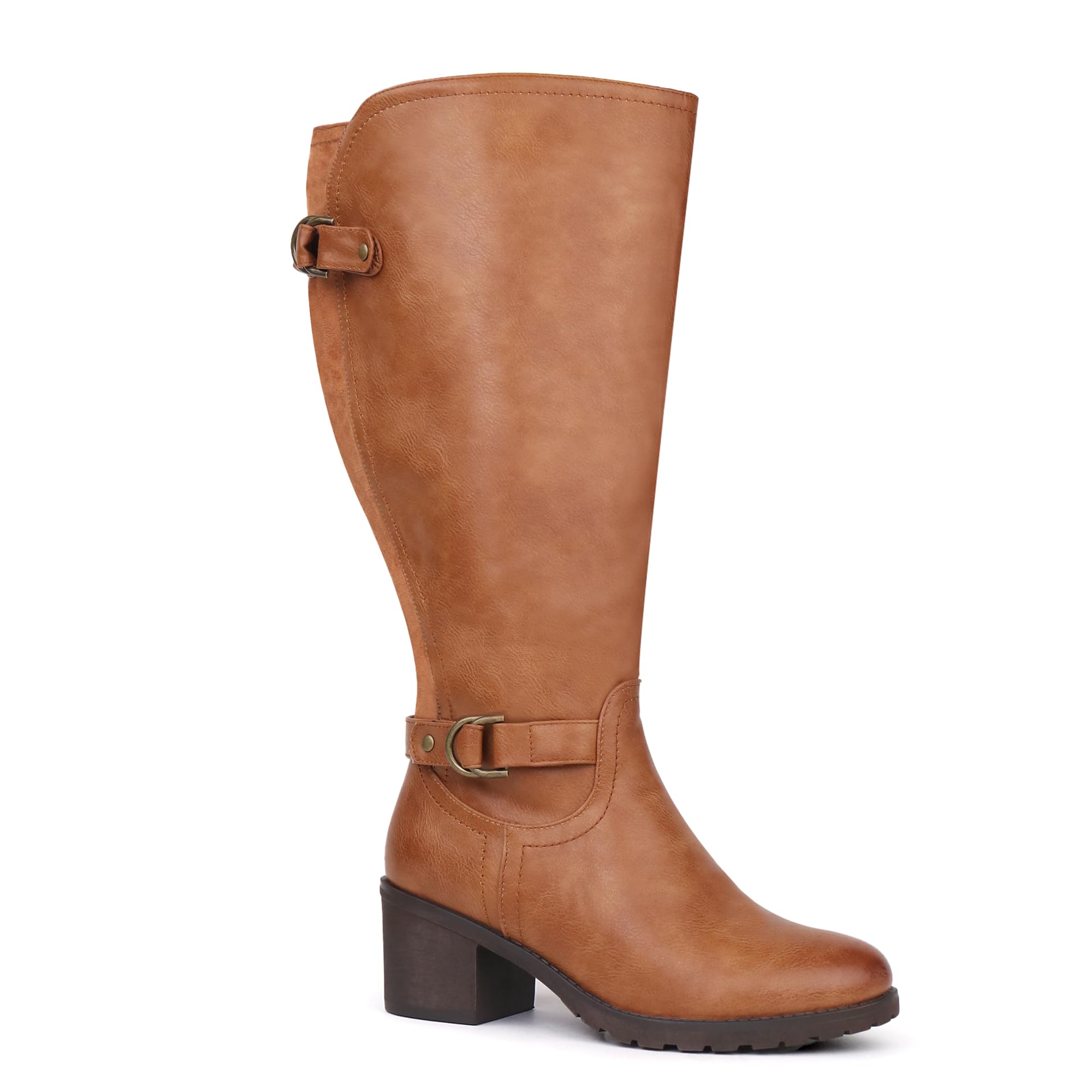 Womens Extra Wide Calf Knee High Riding Boots with Block Heel and Decorated Double Buckle