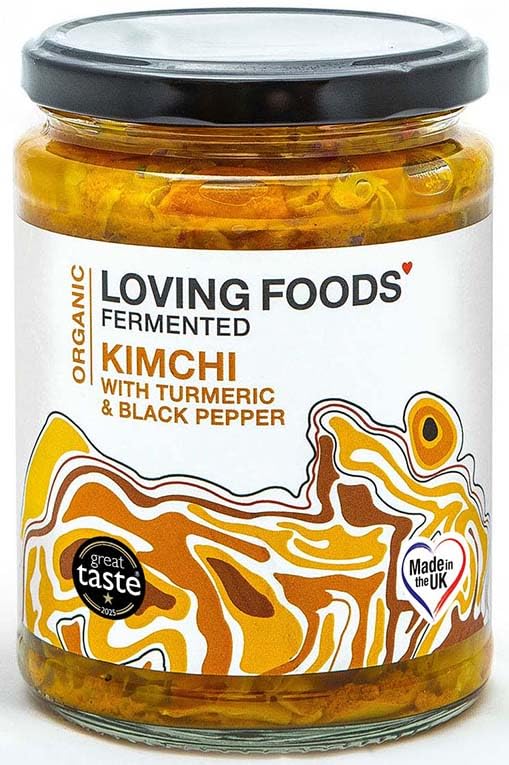 Loving Foods *Organic & Made in the UK* Turmeric & Black Pepper Kimchi (475g) Raw, Unpasteurised & Bursting with Beneficial Live Bacteria (1 x Jar)EU Organic