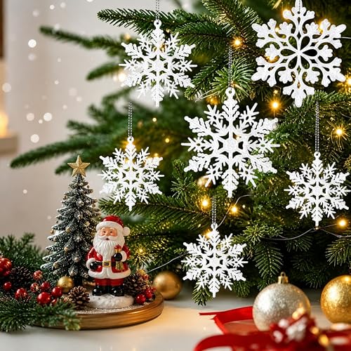 Image of 60pcs Snowflakes-Christmas Tree Decorations, Snowflake Ornaments for Tree, Plastic Glitter White Snow Flakes Ornaments, Christmas Indoor Winter Wonderland Decor