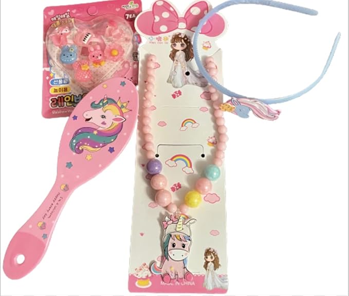 Gomerrykids Set of 4 Items Unicorn Beads Necklace Neck Piece Hairbrush 7 Rings 1 Hairband Accessories for Girls Kids Birthday Return Gift Multi Color