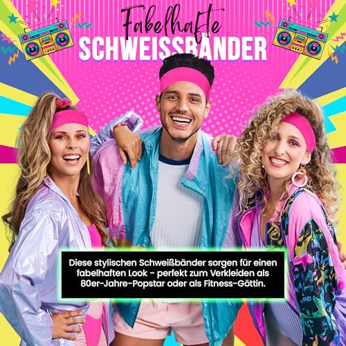 Schweissband und Stirnband Set – Schweißband Neon für 80er Jahre Outfit Damen - Neon Accessoires für Fun Runs Team Building Events Pride Partys Gymnastik Sport Tennis – Stirnband 80er Jahre (Pink)