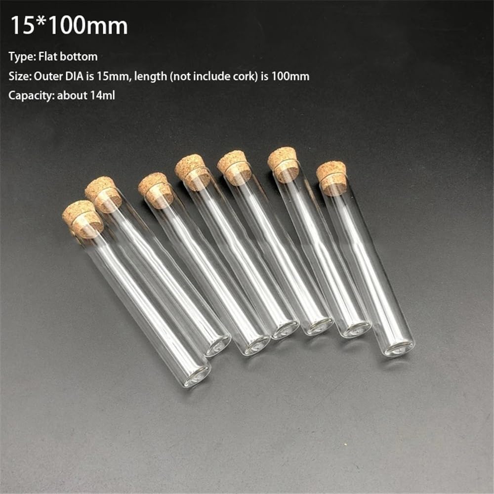 Provette in vetro con tappi in sughero, Provetta in vetro borosilicato 15x100 mm Tappi in sughero a fondo piatto Misure multiple(100pcs)