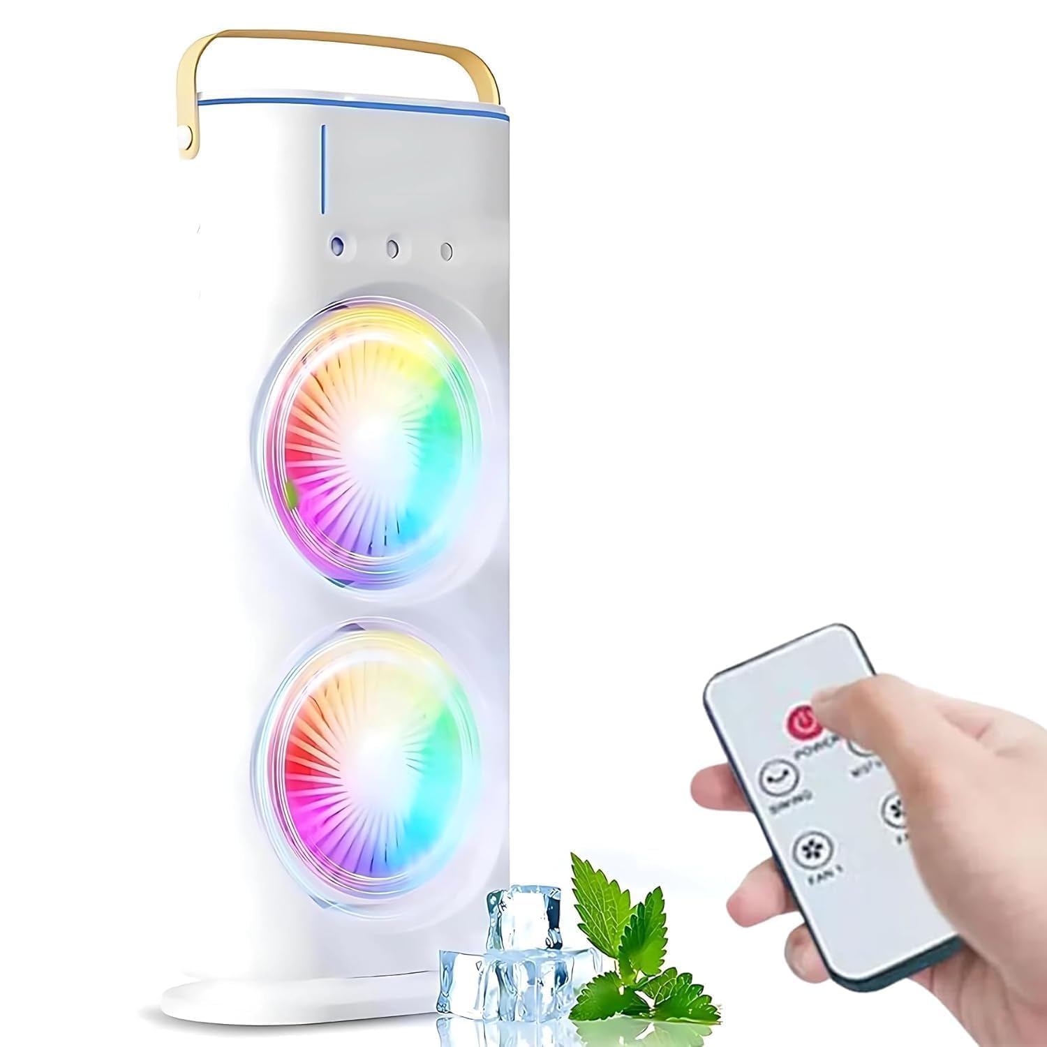 techking 𝟭𝟱 𝗬𝗘𝗔𝗥𝗦 𝗪𝗔𝗥𝗥𝗔𝗡𝗧𝗬 personal air cooler fan with dual head design, ice mist cooling technology, led light, remote control, 3-speed portable fan for home office
