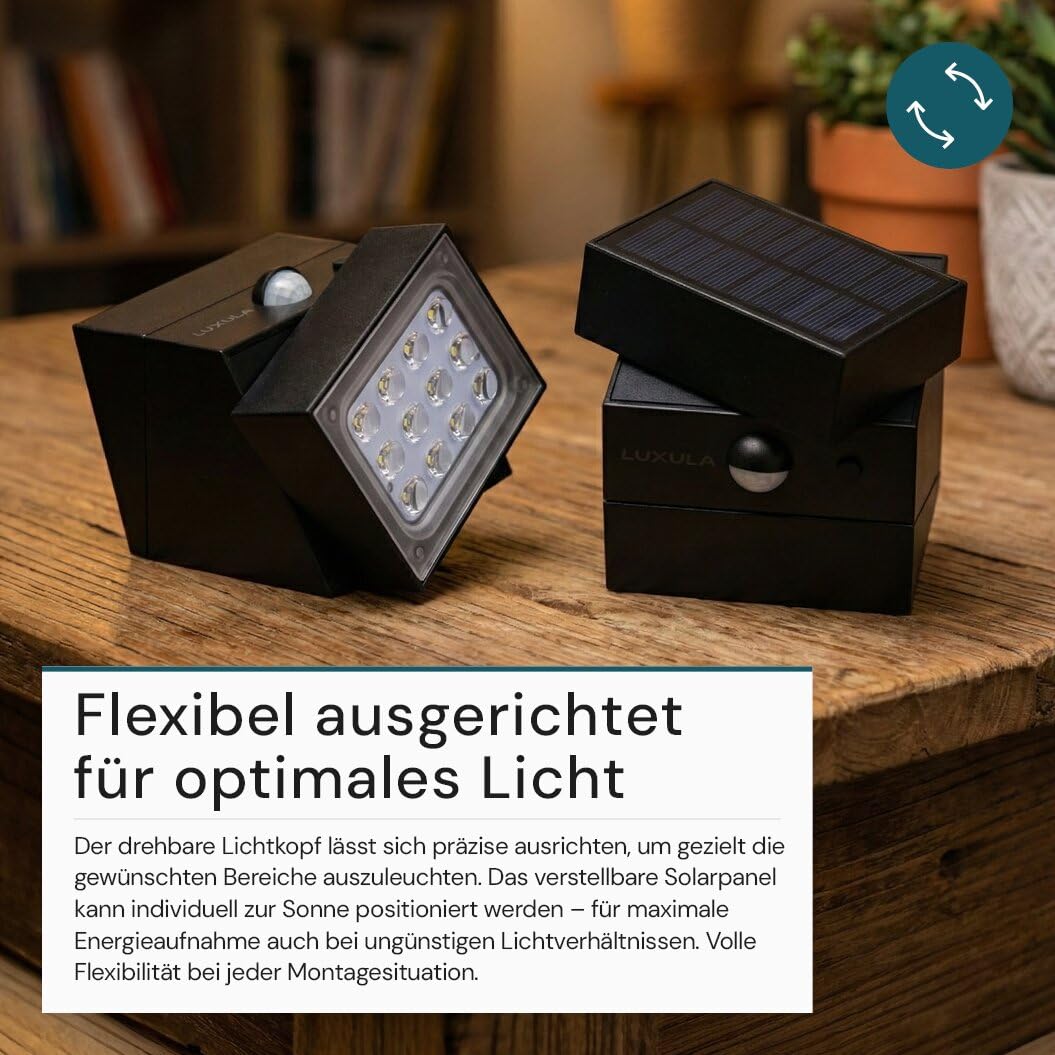 LUXULA LED Solar Wandleuchte außen mit Bewegungsmelder Schwarz 6 Stück - Solar Strahler für außen IP65 wetterfest, Außenleuchte drehbar, 3 Lichtfarben 3000K 4000K 6000K - Außenbeleuchtung Solar