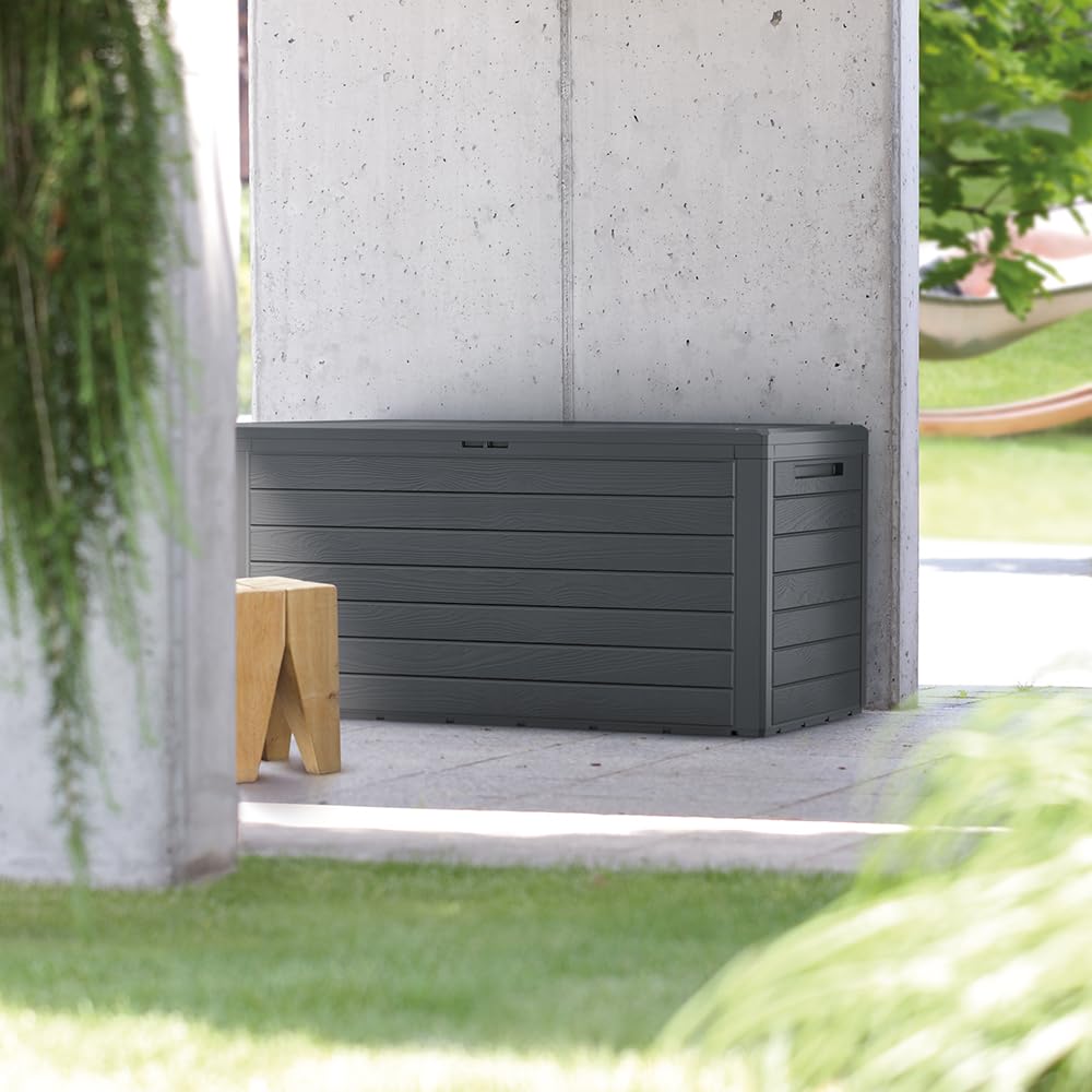 Vounot Coffre de Rangement Jardin XL 280 litres 116 x 44 x 55 cm Polypropylène Style Bois Anthracite