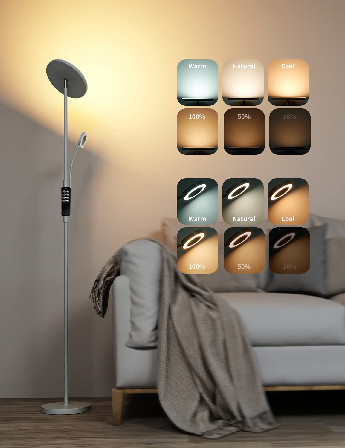 Modlicht 35W Lampada da terra LED Grigio, 4200lm Piantane da Salotto con Telecomando & Controllo Touch, 3000-6000K Piantana Lampada da Terra 1H Timer, Lampade da Pavimento per Camera da Letto, Ufficio